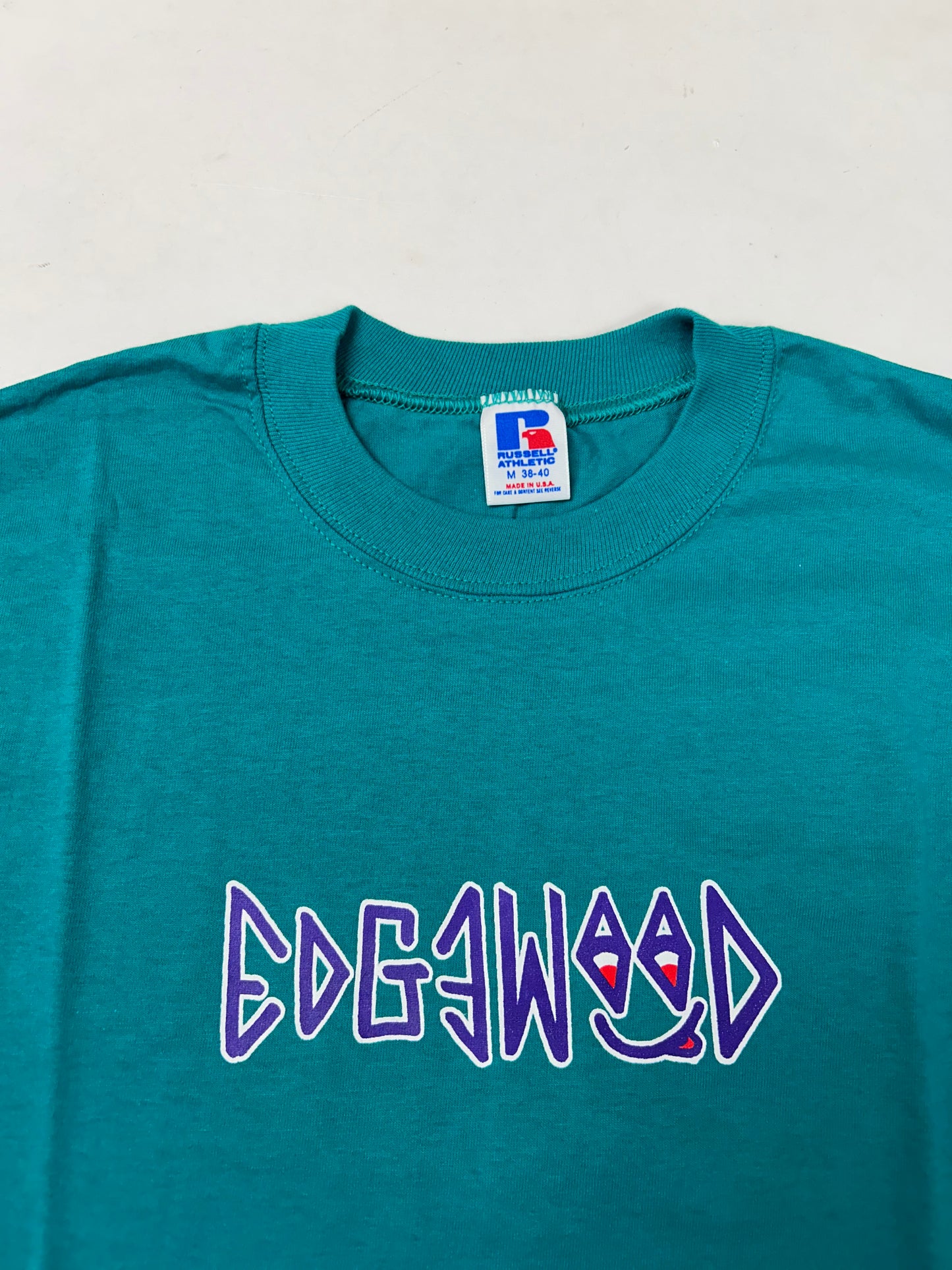 Edgewood NJ first edition “Deeper Than The Roots.” Tee Medium 90s Russell Athletic USA 100% Cotton Aqua Blue