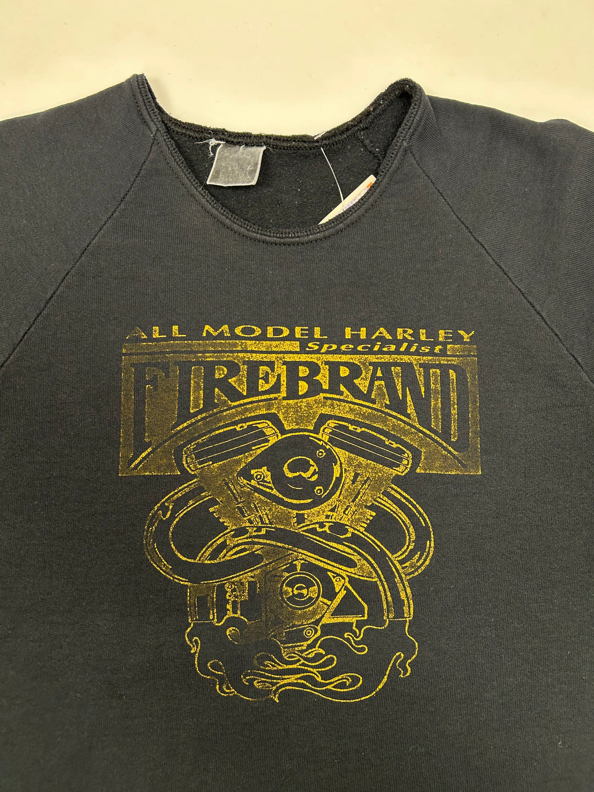 Vintage All Model Harley Specialist Fire Brand Warrington England Crewneck Sweatshirt Chopped Collar M/L Fit 22.75x27 Inches As Is Faded & Worn In
