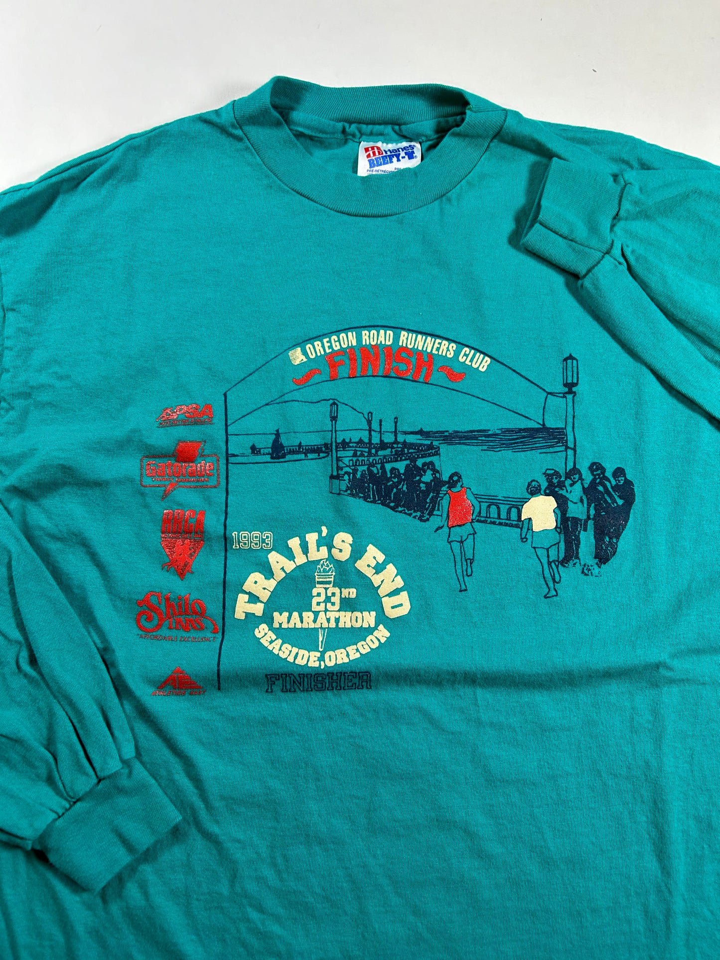 Vintage 1993 Oregon Road Runners Club Trail’s End 23rd Marathon Finisher Long Sleeve Tee Large 21.25x27.75 Inches