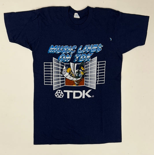 Vintage Music Lives On TDK Promo T Shirt 80s USA Fits Small 17.25x26 Inches