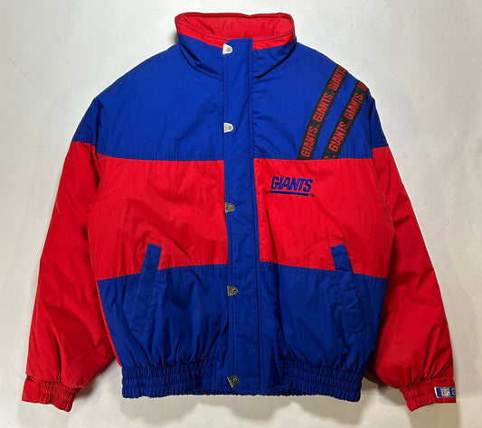 Vintage New York Giants NFL Puffer Packable Hood Jacket Large 25.75x29 Inches
