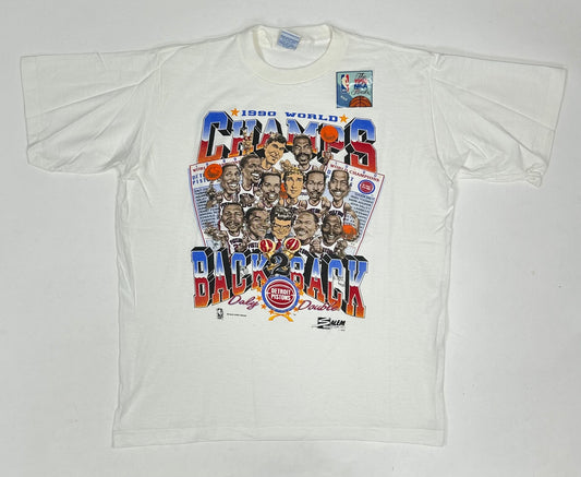 Vintage Salem Sportswear Detroit Pistons 1990 World Champions Back 2 Back World Champions Caricature Tee New With Sticker Large 23.25x27.5 Inches As Is