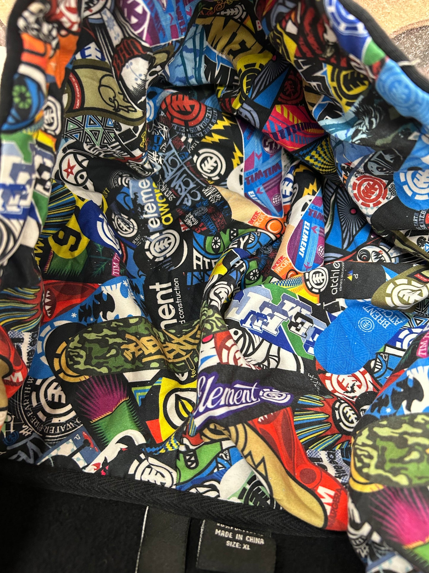 Vintage 00s Element Skatboards Earth•Wind•Water•Fire Collage Print Zip Up Hooded Sweatshirt XL/L Fit 24.25x30.25 Inches