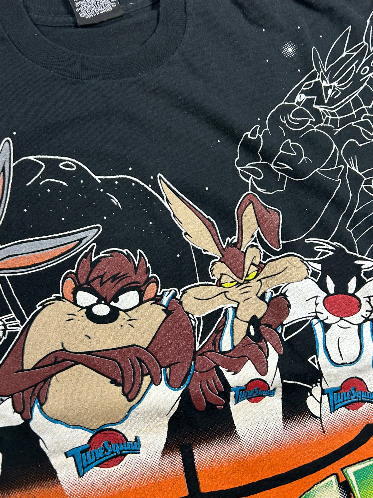 Vintage Space Jam Movie Promo Tee 1996 Freeze Looney Tunes All Over Print Rare L/XL Fit  23.25x28.25 Inches