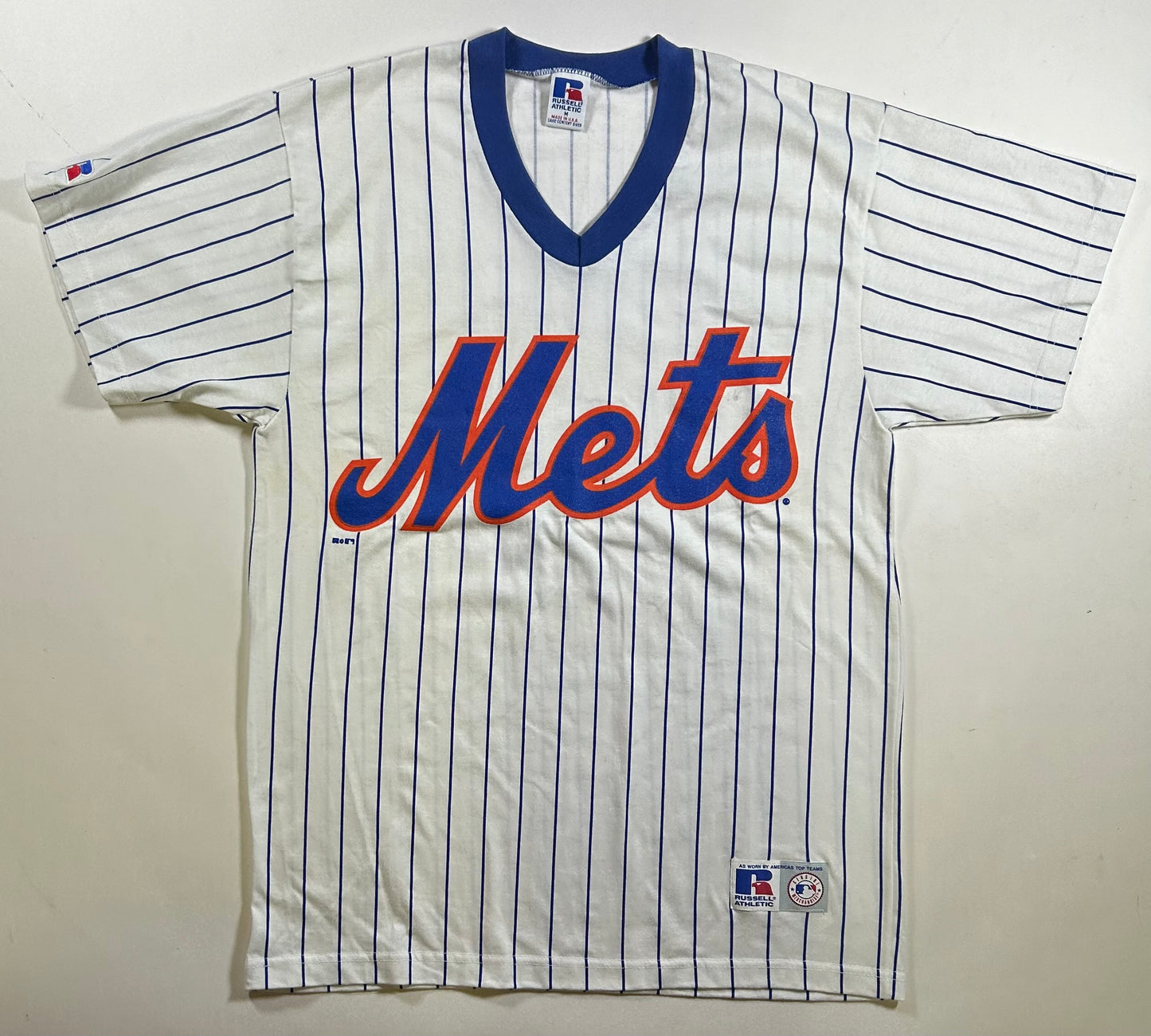 Vintage 90s Russell Athletic New York Mets MLB Pinstripe Baseball Jersey Style Tee Medium 20x29.5 Inches Small Spot