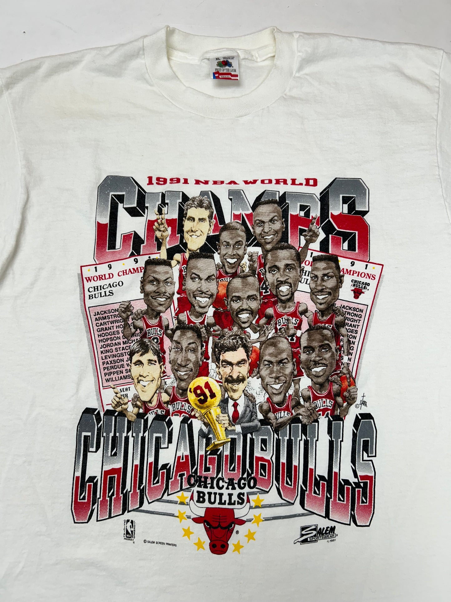 Vintage 1991 Chicago Bulls NBA World Champs Caritcure Team First Championship Salem Sportswear Graphic Tee L/XL 22.25x30.75 Inches