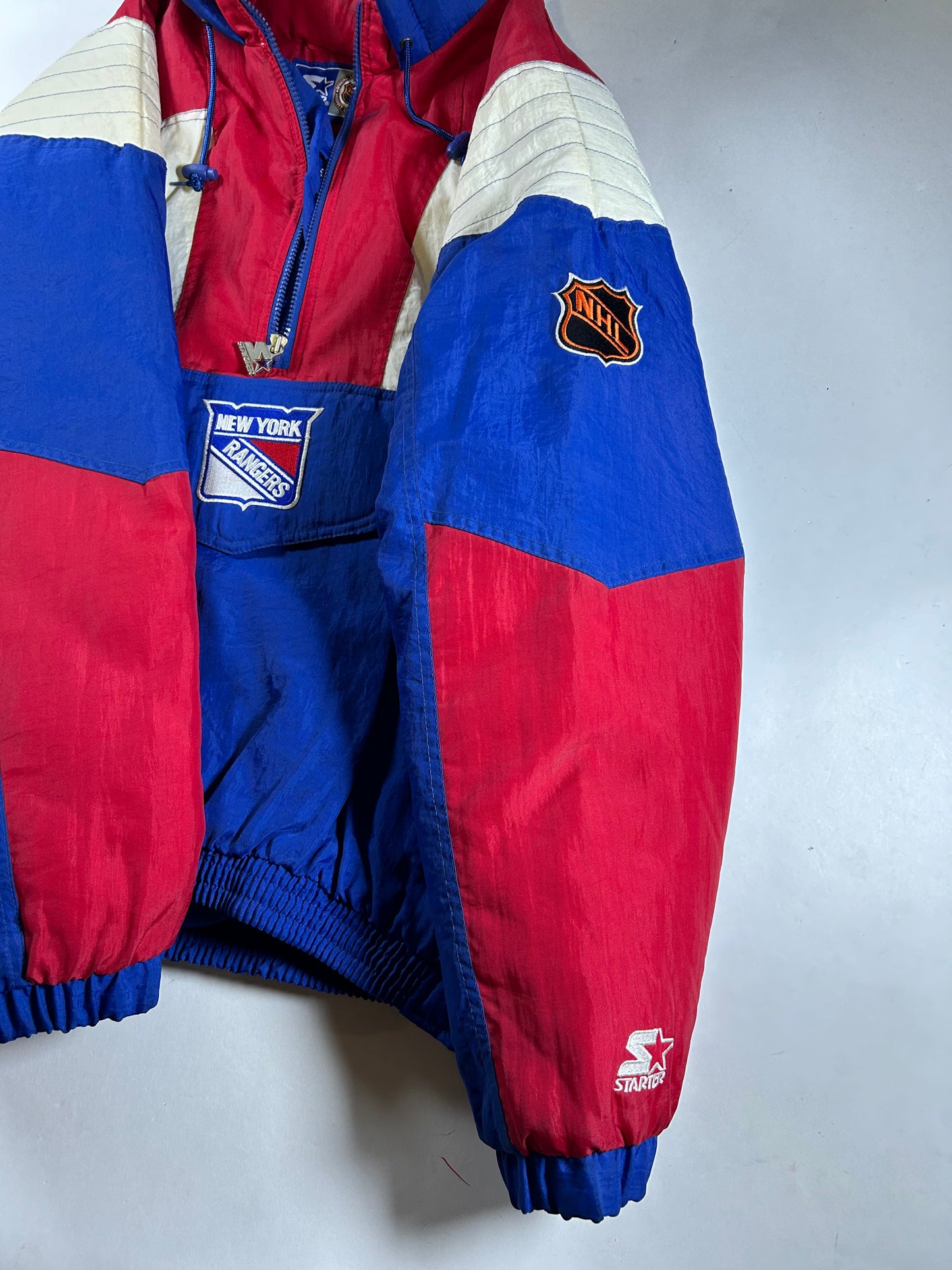 Vintage 90s Starter New York Rangers NHL Pullover Puffer Jacket Half Zip Hooded Jacket XL 29x30.25 Inches