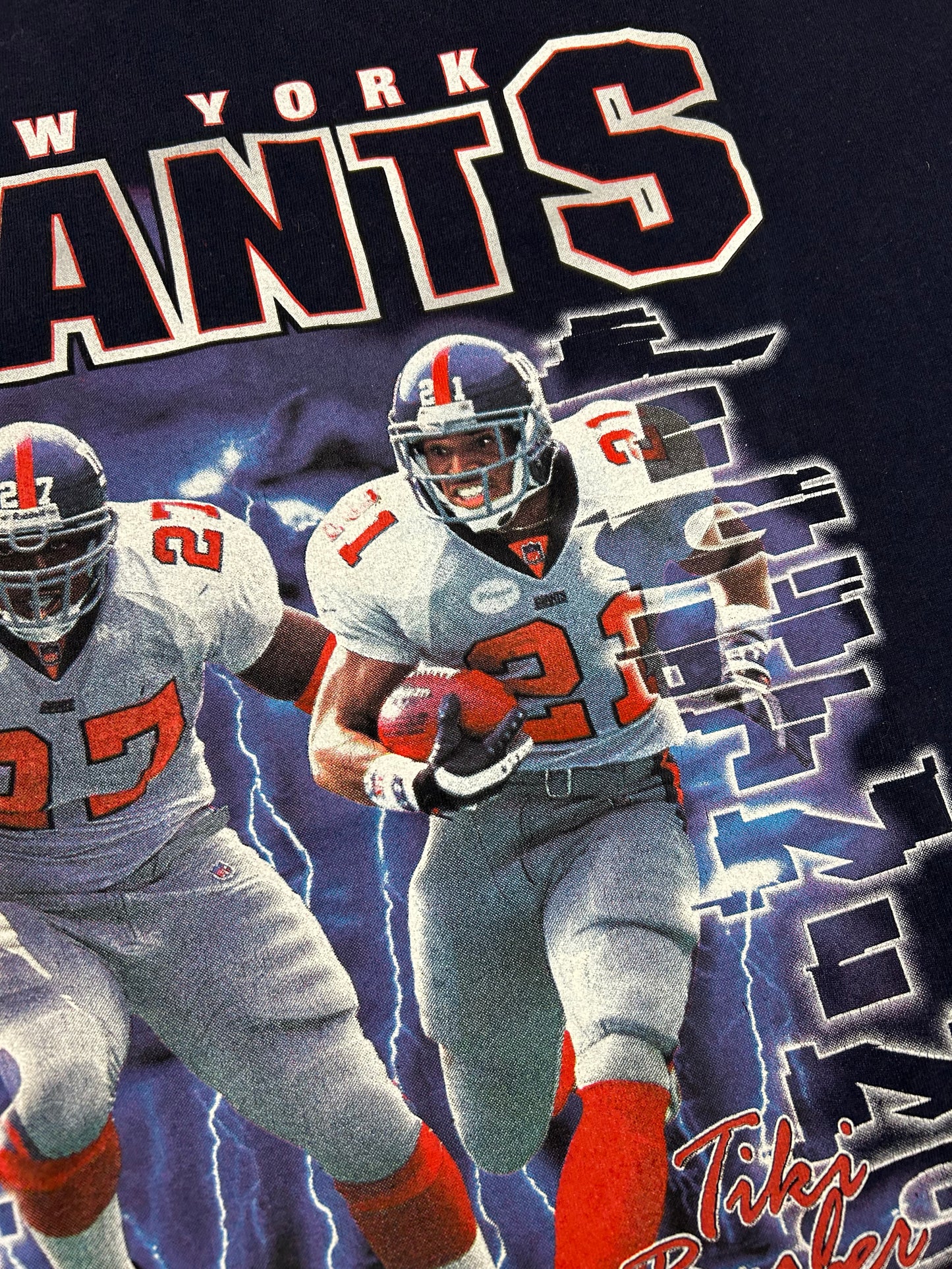 Vintage Joy Athletics 2000 New York Giants Thunder & Lighting Tiki Barber Ron Dayne NFL Tee XL