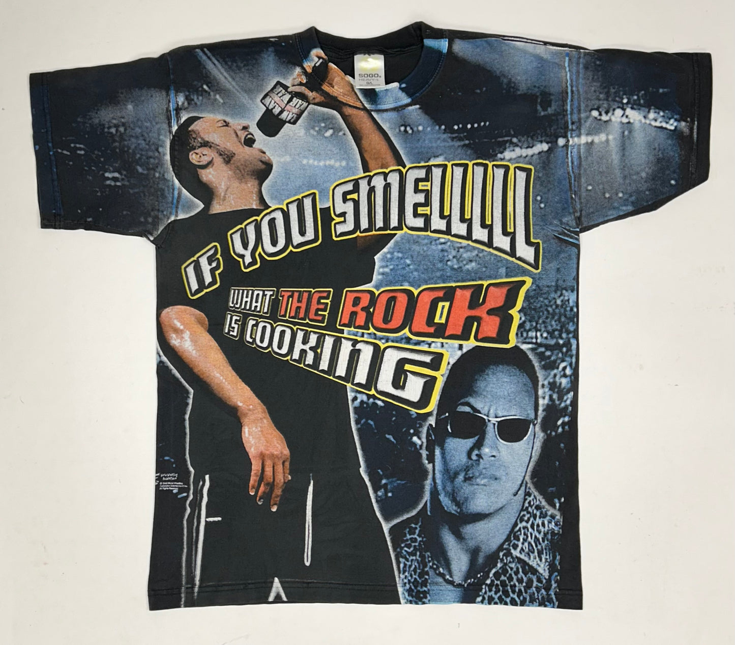 Vintage WWF The Rock Tee “If You Smell What The Rocks Cooking” Shirt Large 22.25x30 Inches AOP Rare