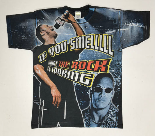 Vintage WWF The Rock Tee “If You Smell What The Rocks Cooking” Shirt Large 22.25x30 Inches AOP Rare