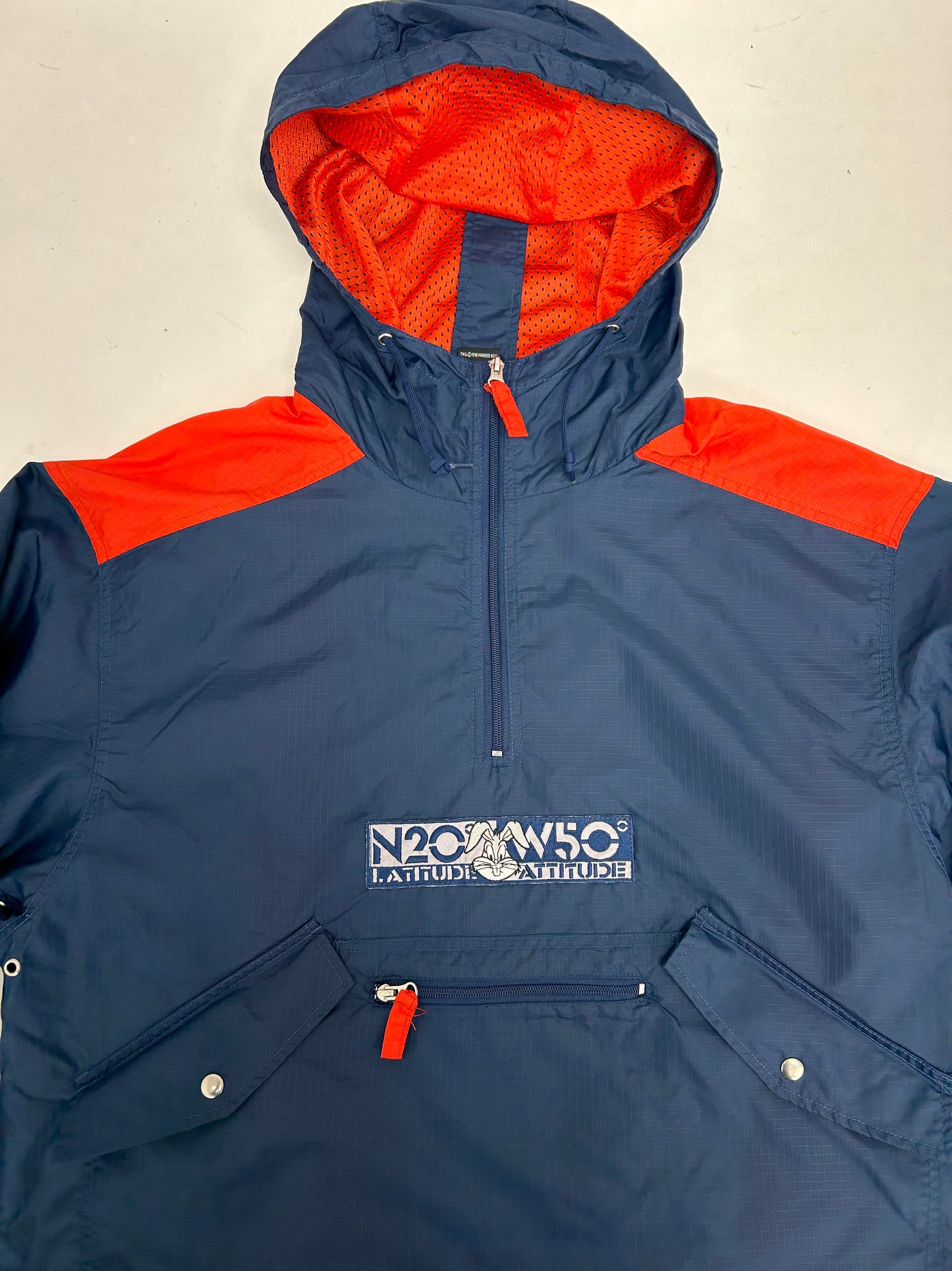 Vintage 1996 Warner Bros. Looney Tunes Bugs Bunny Longitude/Latitude Windbreaker Jacket Large 27.25x29.25 Inches Can Fit XL