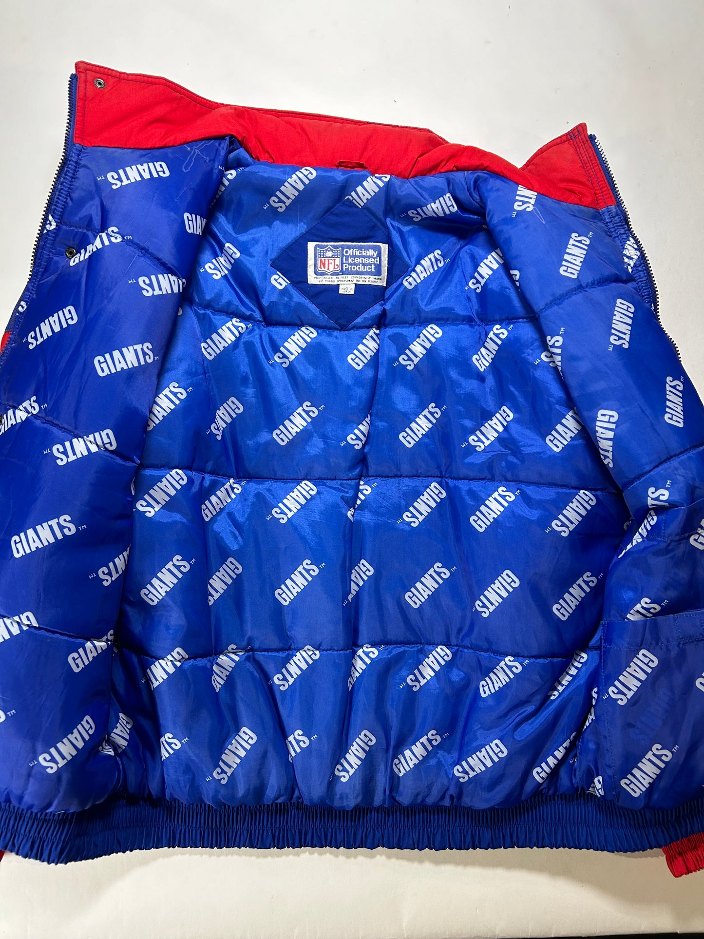 Vintage New York Giants NFL Puffer Packable Hood Jacket Large 25.75x29 Inches