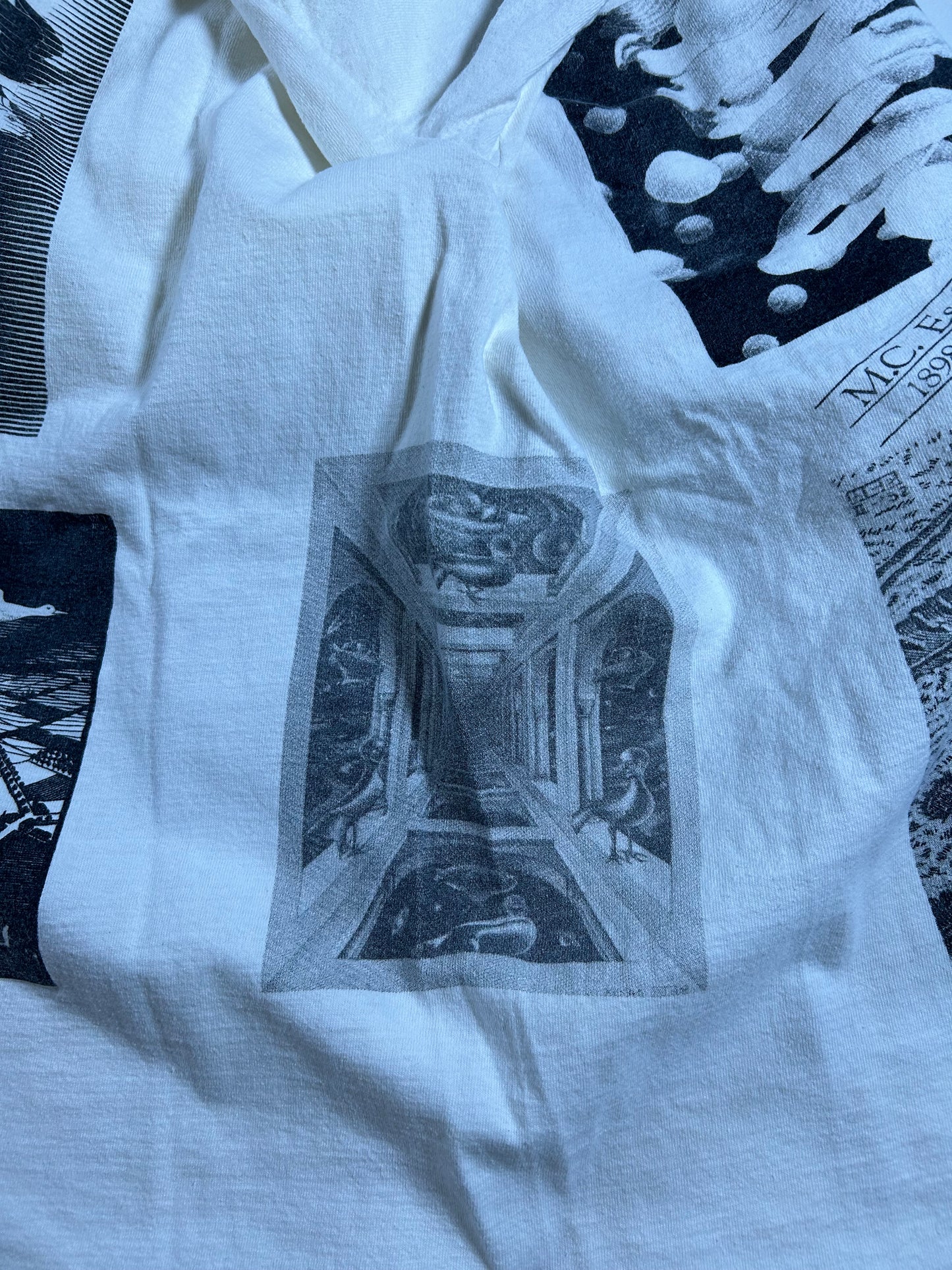 Vintage 1990 M.C. Escher Shirt White All Over Rare Print Art Single Stitch 23x27.75 Inches As Is