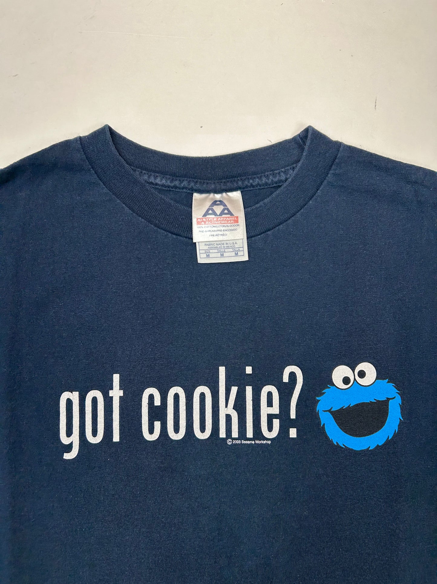 Vintage 2003 Sesame Street Cookie Montaer Got Cookie? Promo Tee Medium 19.25x26.5 Inches Navy