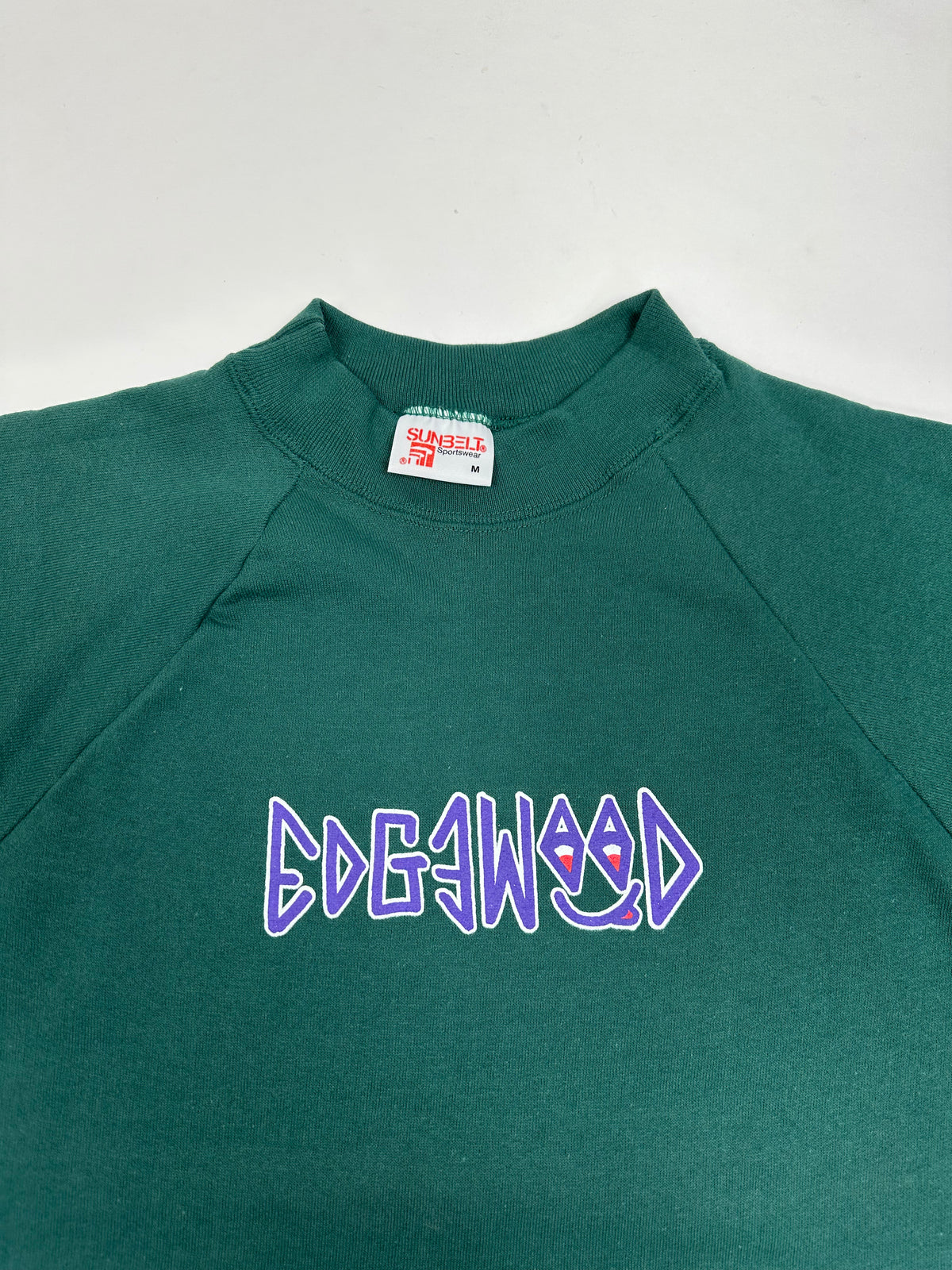 Edgewood NJ “Deeper Than The Roots.” First Edition Crewneck Sweatshirt Tagged Medium Can Fit Small 20x25.5 Forest Green Sunbelt Raglan Style USA 50/50
