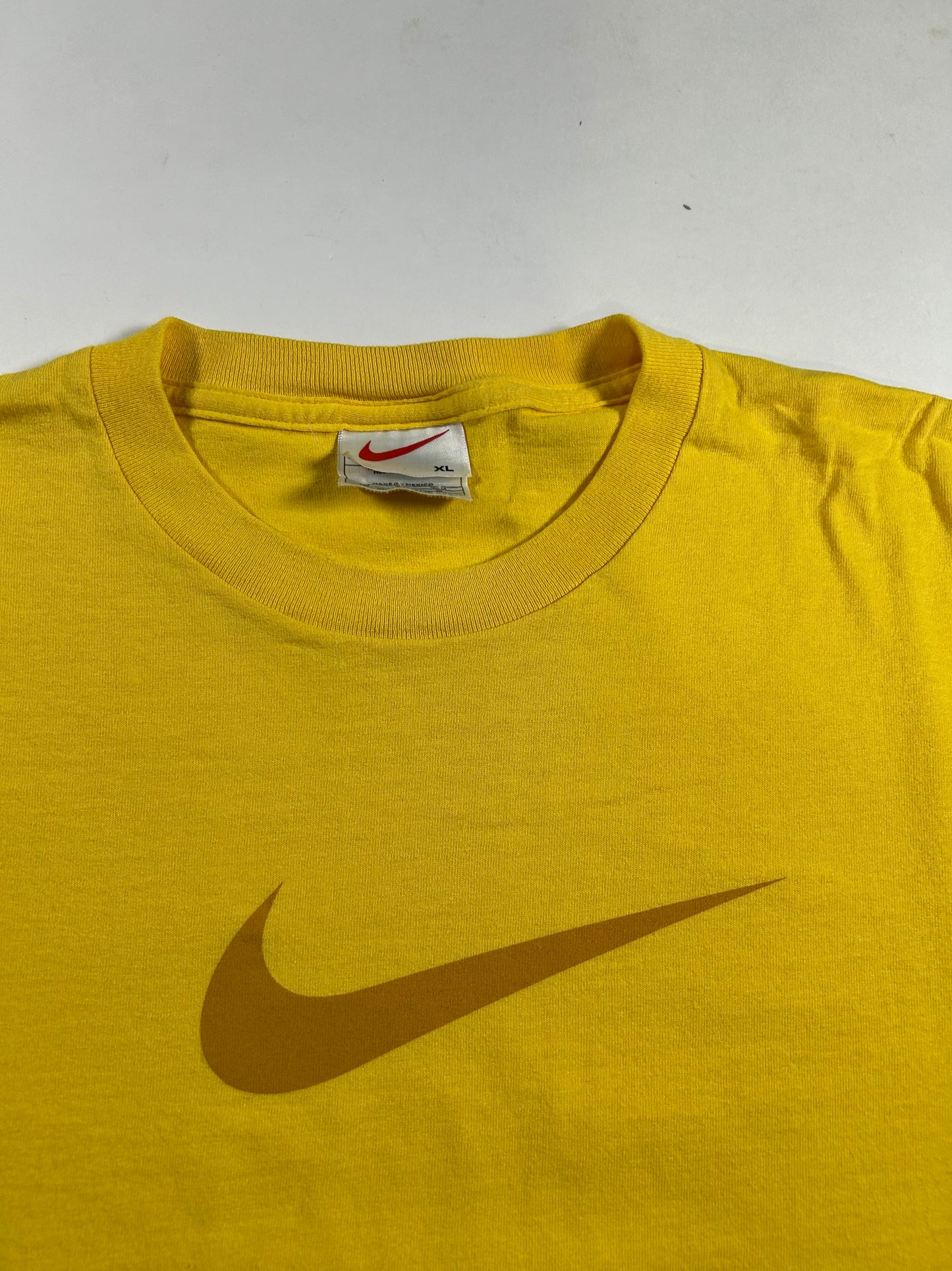Vintage 90s Nike Swoosh Logo Tee White Tag Big XL 25.25x29.5 Inches Yellow