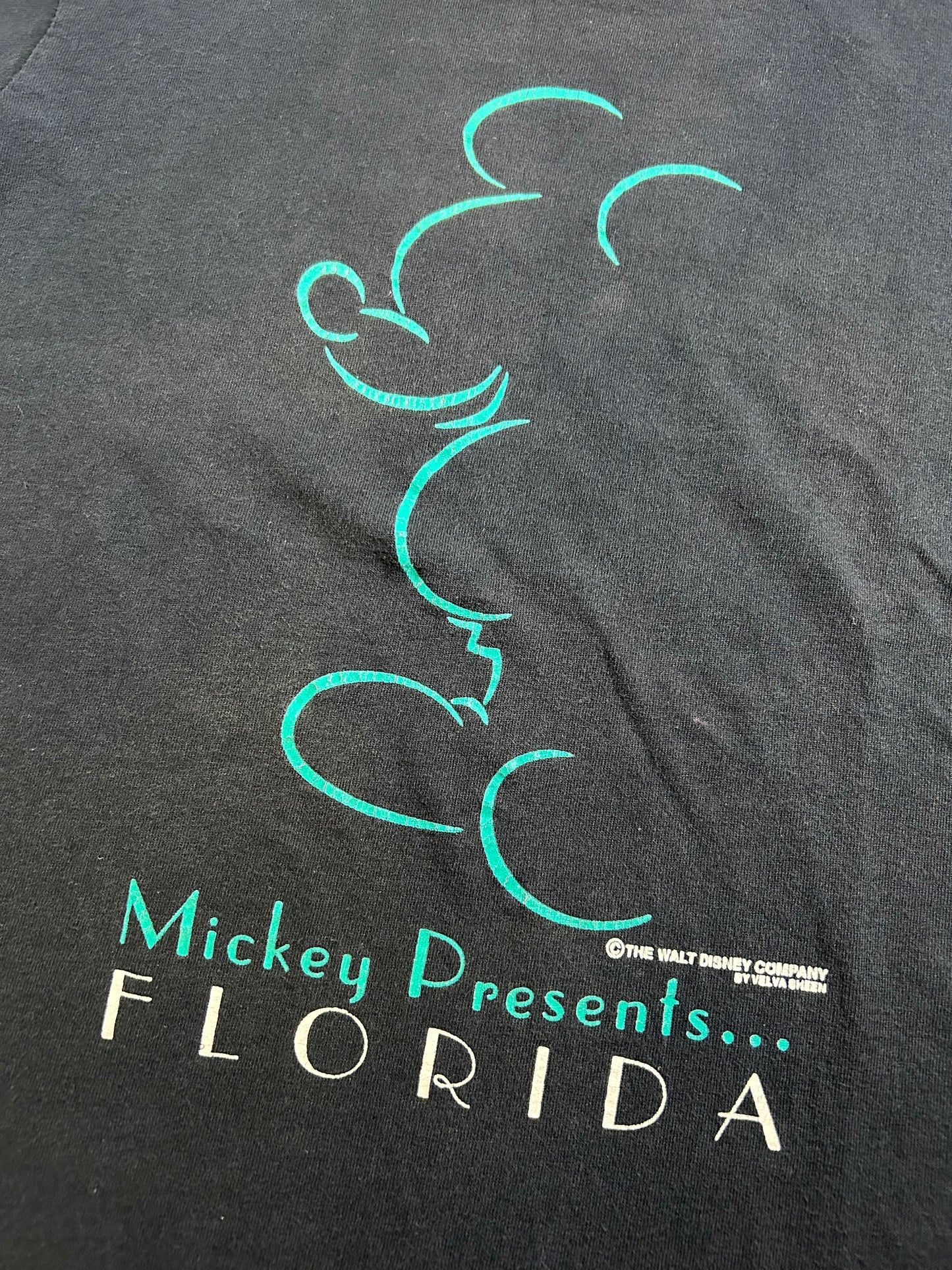 Vintage Velva Sheen Disney Mickey Presents Florida Mickey Mouse Tee Roll Up Sleeves Medium 20x26.25 Inches