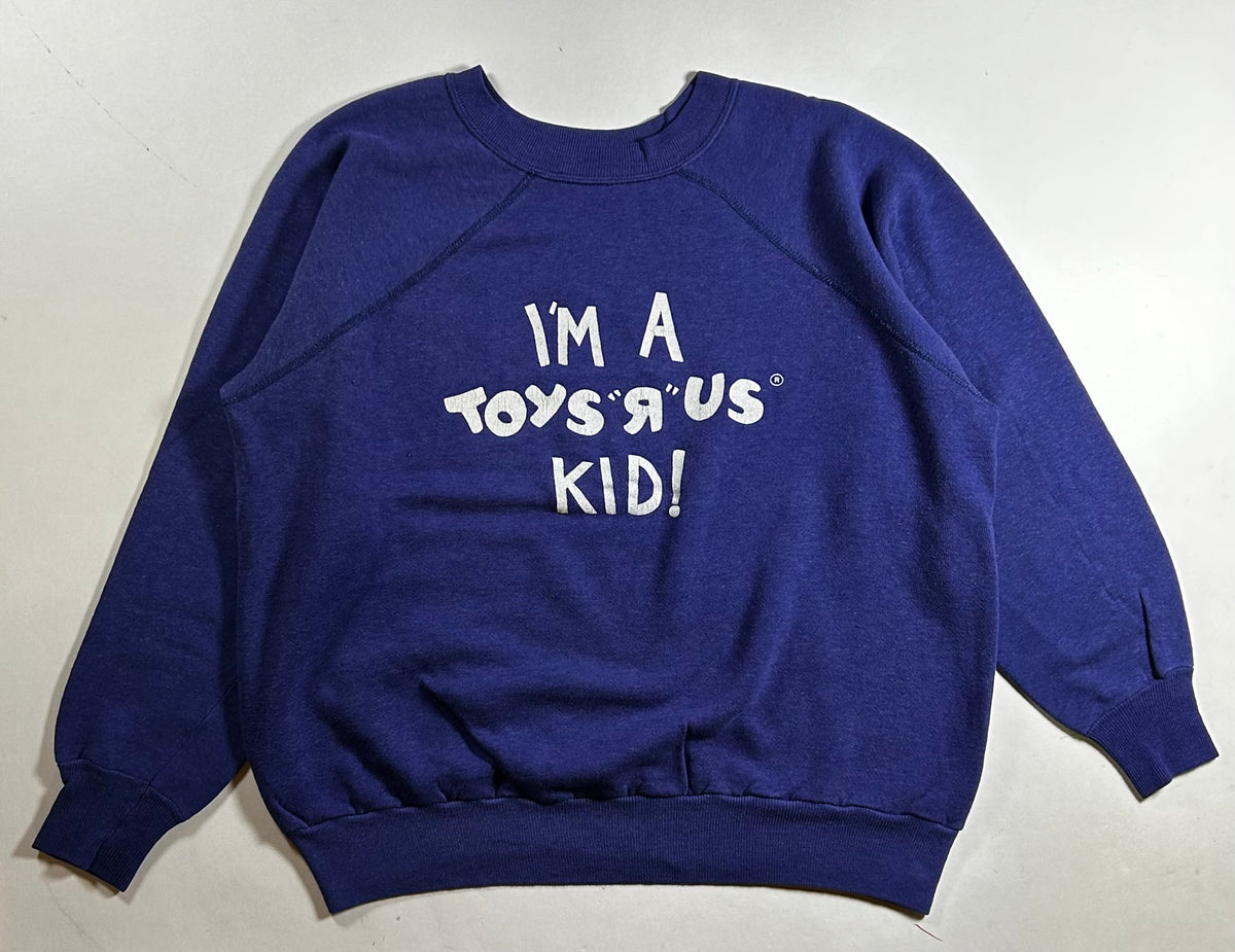 Vintage 80s Toys R Us Raglan I’m A Toys “R” Us Kid! Crewneck Sweatshirt Blue As Is Small Fit 23.75x24 Inches As Is