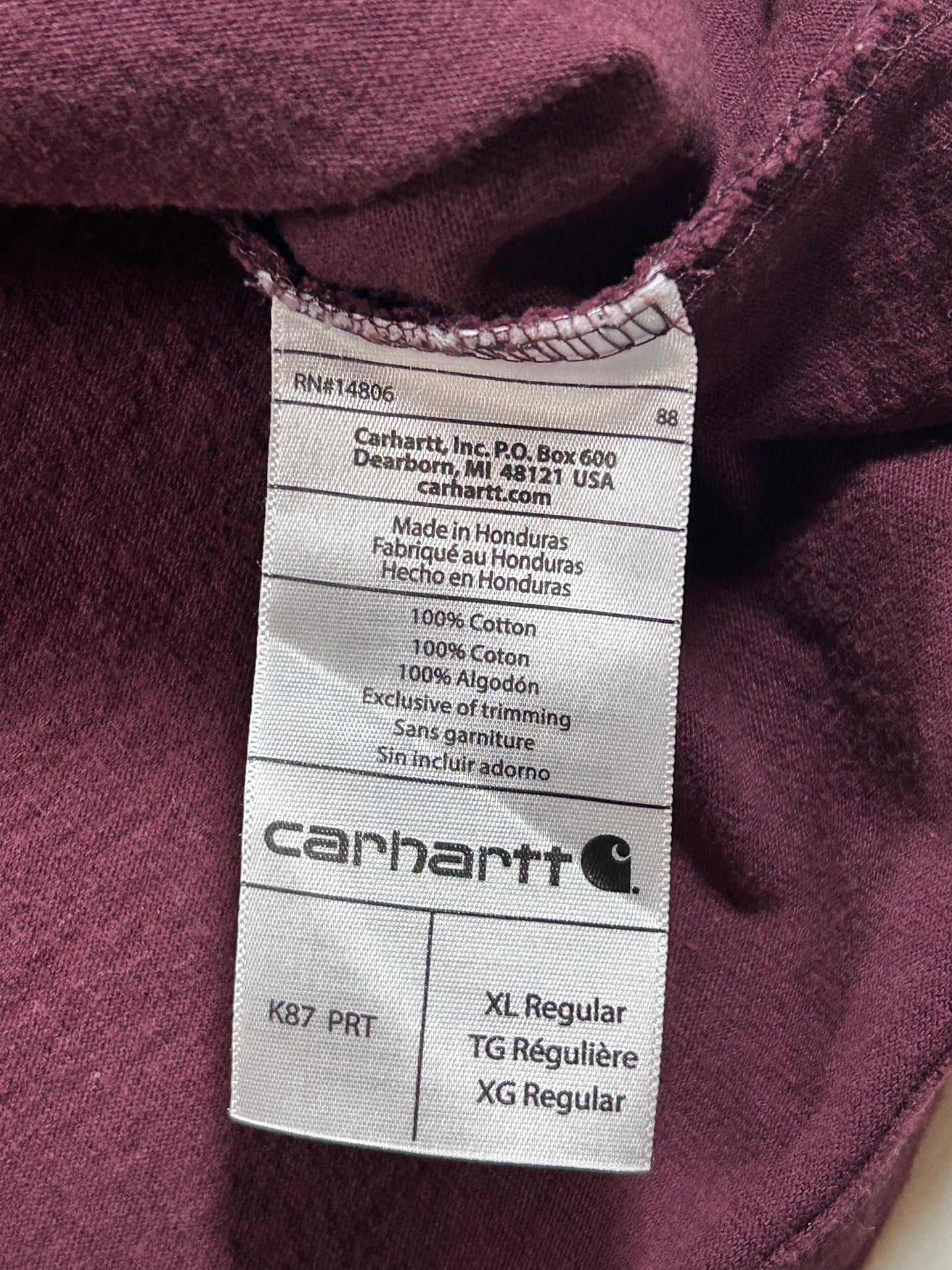 Carhartt Pocket Tee Original Fit 2015 Maroon XL Big 27x31.25 Inches