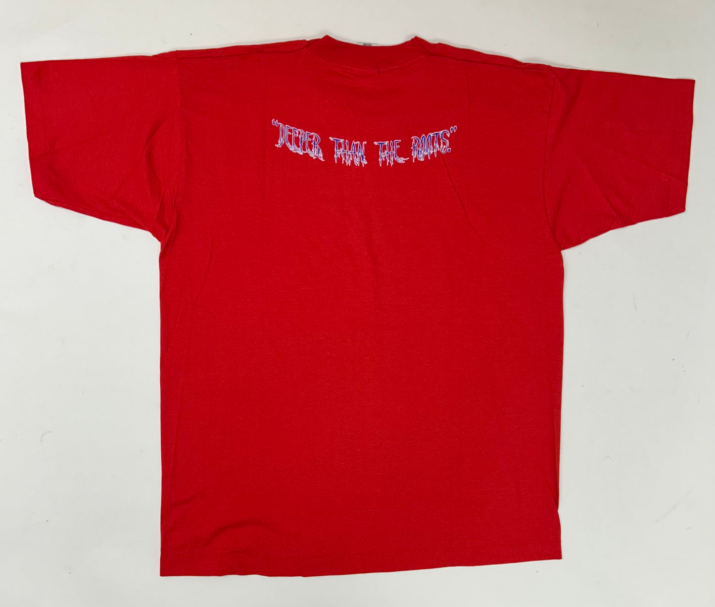 Edgewood NJ first edition “Deeper Than The Roots.” Tee XL 23.75x31 Inches 90s FOTL Best USA/Honduras Made 50/50 Blend Cherry Red