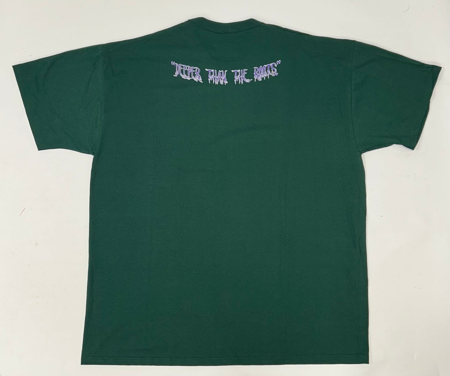 Edgewood NJ first edition “Deeper Than The Roots.” Tee 2XL 26.5x33 Inches 90s Russell Athletic NuBlend 50/50 USA Forest Green