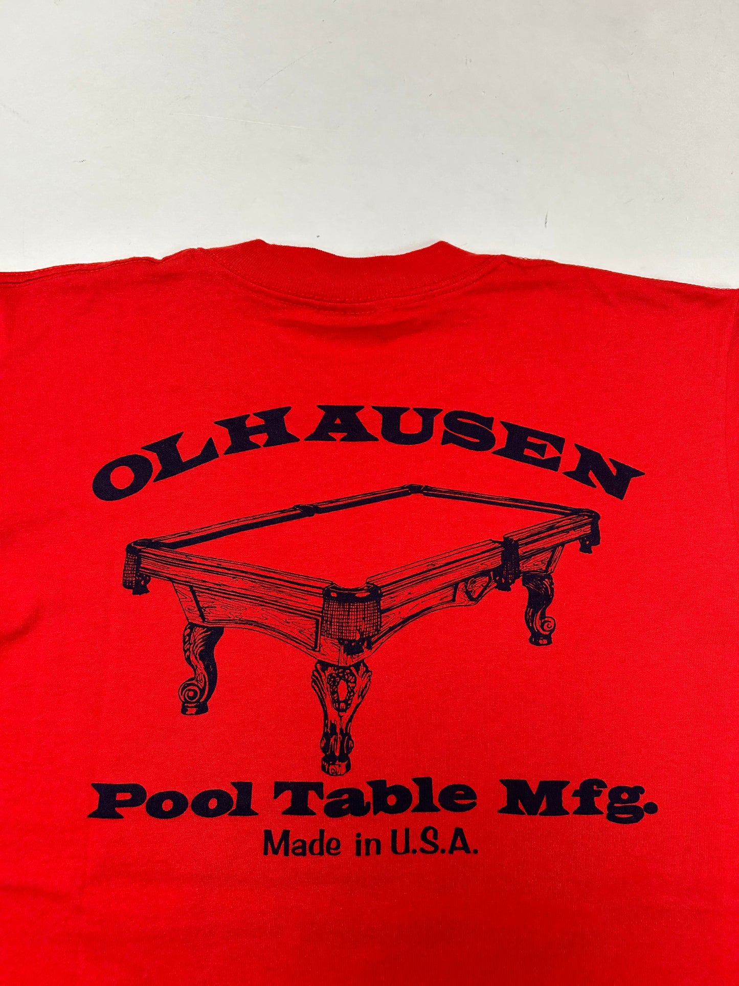 Vintage Olhausen Pool Table Mfg Billiards Brand Shirt Made In USA Red Medium 19x27 Inches