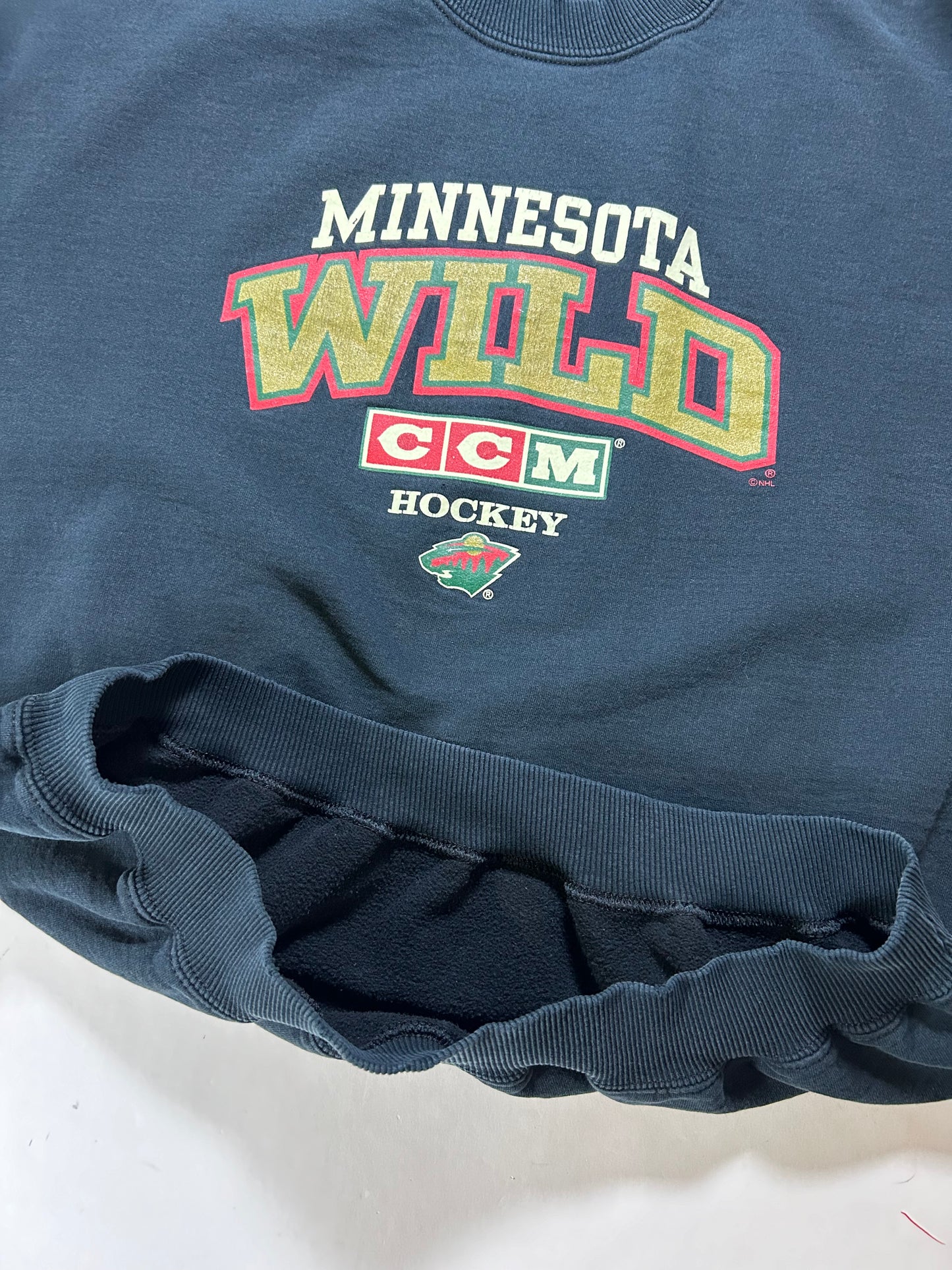 Vintage CCM Minnesota Wild NHL Crewneck Sweatshirt 2000s Black Worn In XL/L Fit 26x28.25 Inches