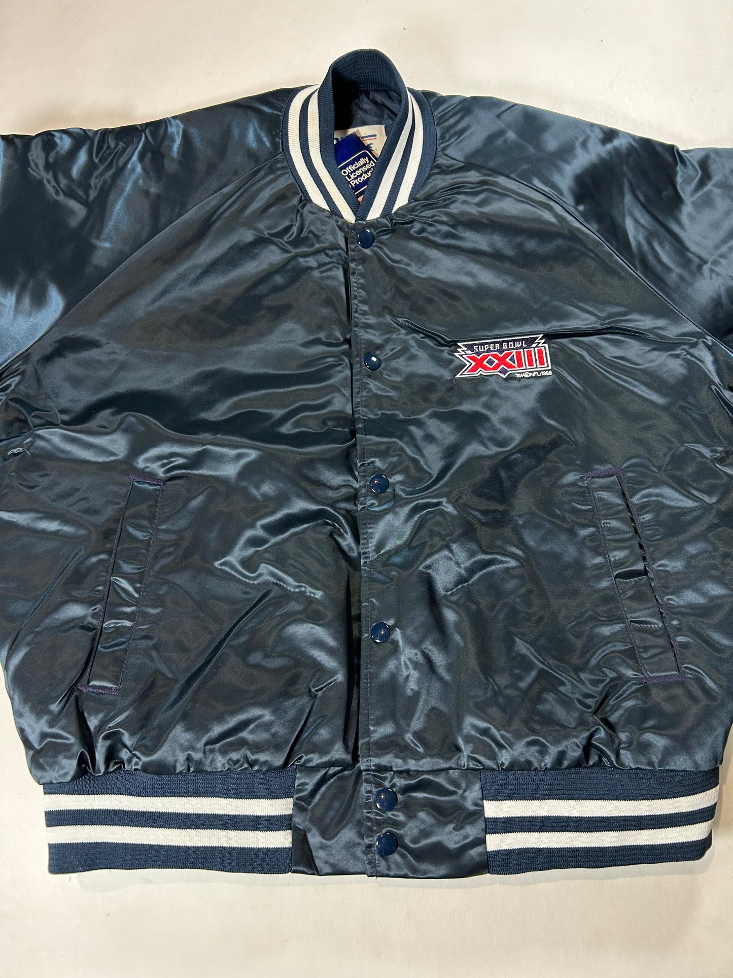 DS Brand New With Tag Vintage Chalk-Line NFL Super Bowl XXIII 1988 Satin Button Up Jacket XL 27x27 Inches