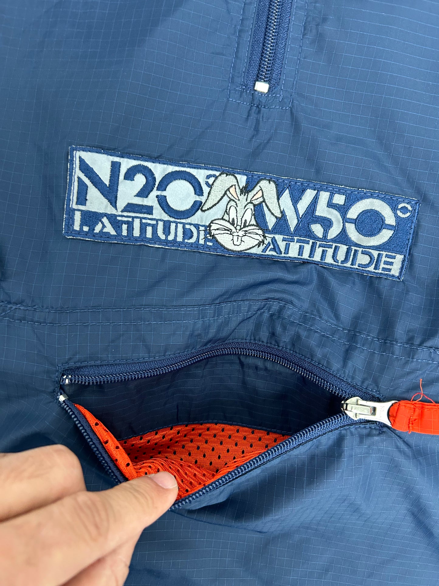 Vintage 1996 Warner Bros. Looney Tunes Bugs Bunny Longitude/Latitude Windbreaker Jacket Large 27.25x29.25 Inches Can Fit XL