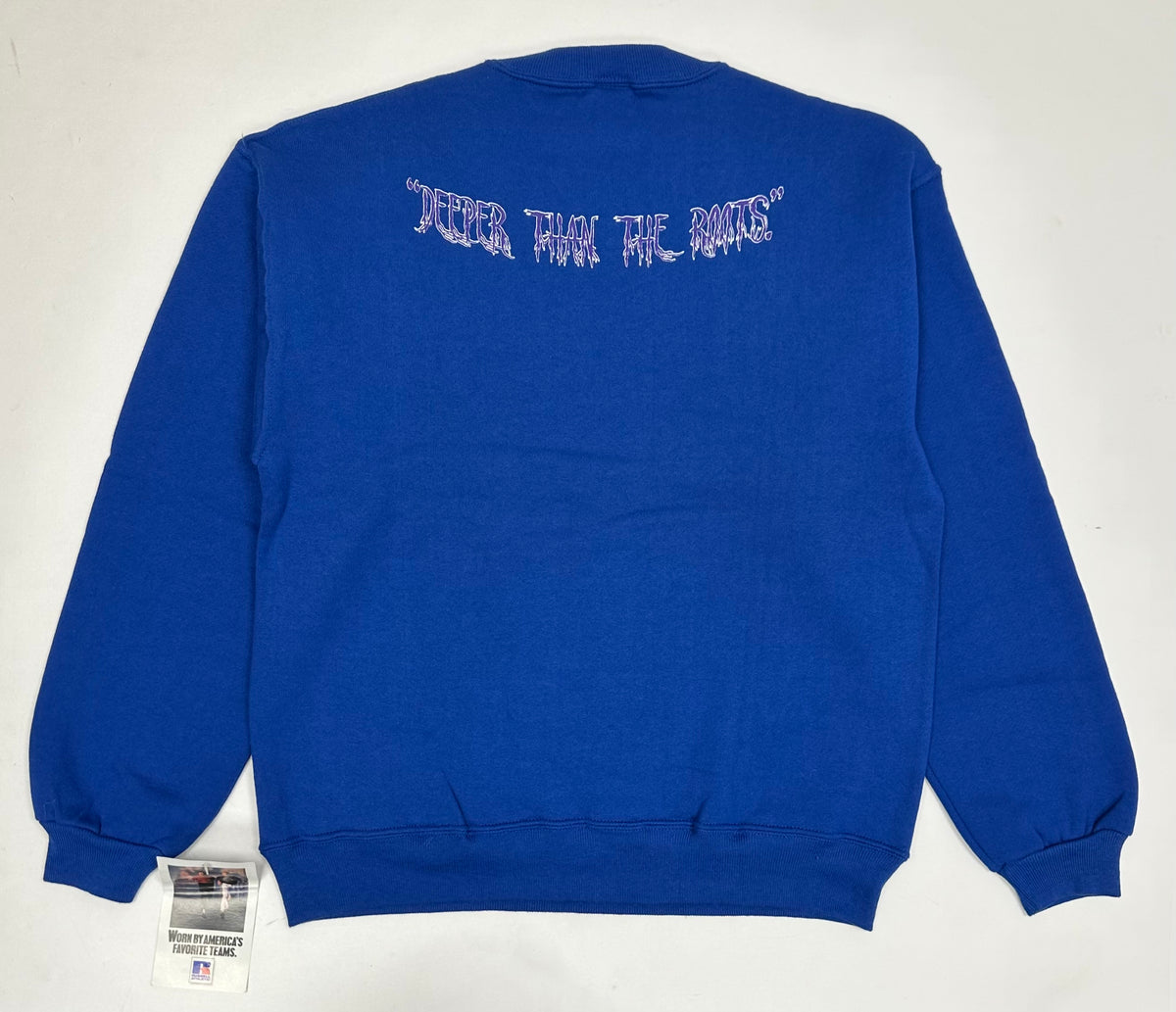 Edgewood NJ “Deeper Than The Roots.” First Edition Crewneck Sweatshirt Tagged Youth XL 20.5x24.5 Inches 90s Russell Athletic 50/50 Blend Made In USA DS  Royal