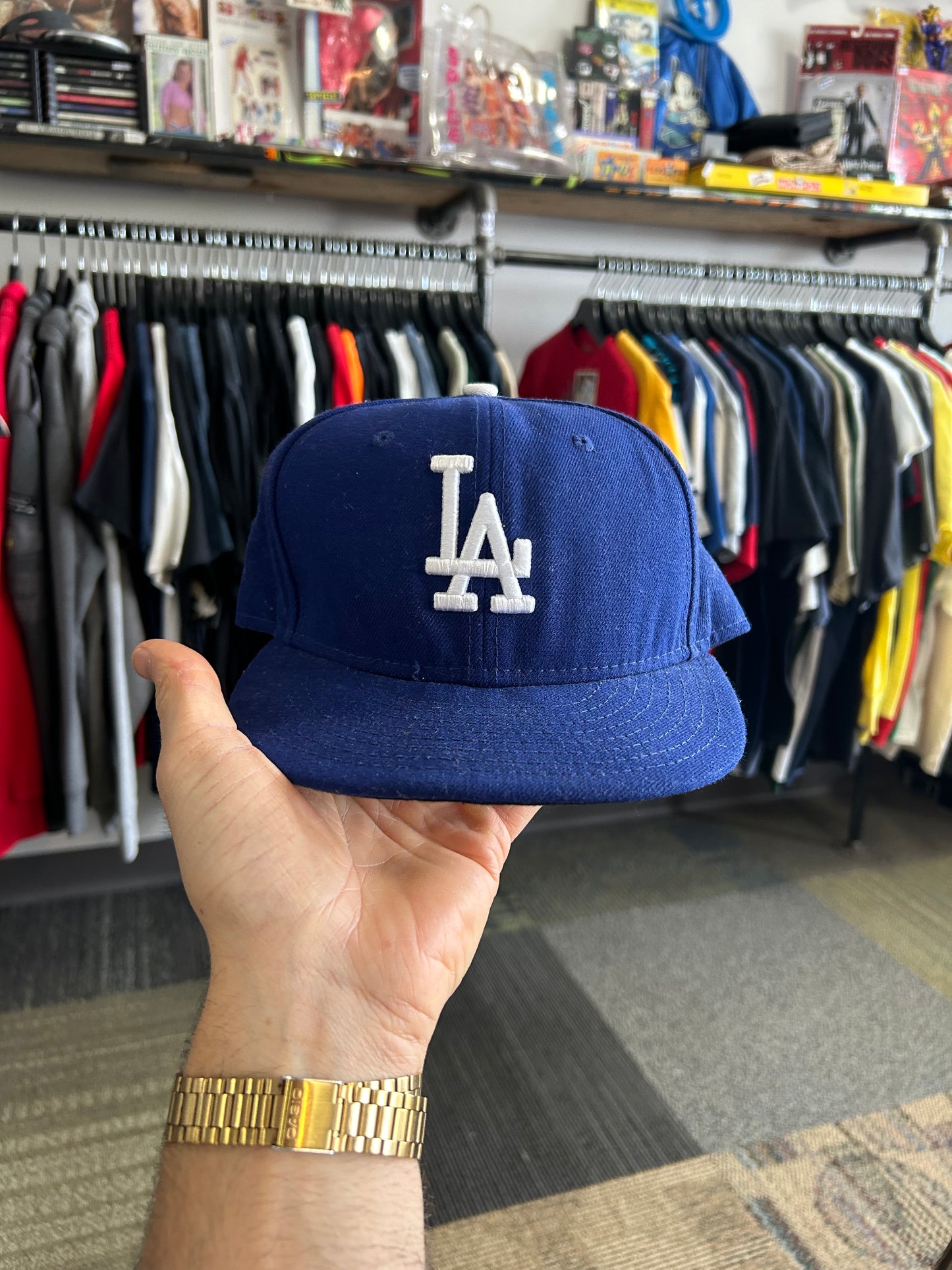 Los Angeles Dogers NewEra Hat Fitted Cap Adult Size 7 1/4 Blue LA Logo Polyester China