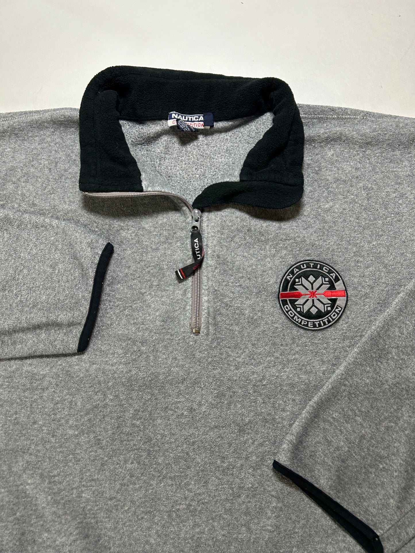 Vintage 90s Nautica Competition 1/4 Zip Fleece Pullover Made In USA Gray M/L Fit 24.25x27.5 Inches