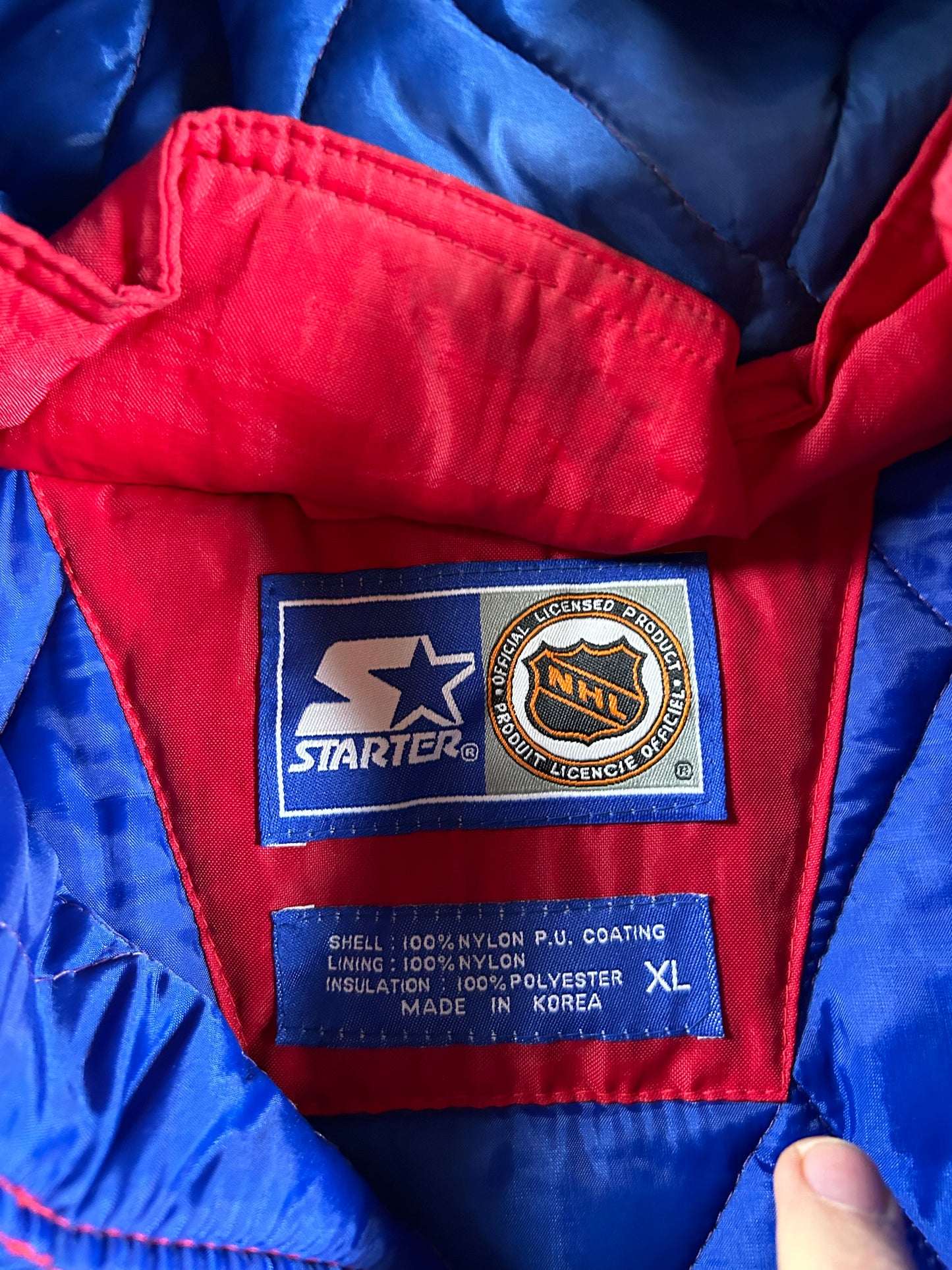 Vintage 90s Starter New York Rangers NHL Pullover Puffer Jacket Half Zip Hooded Jacket XL 29x30.25 Inches