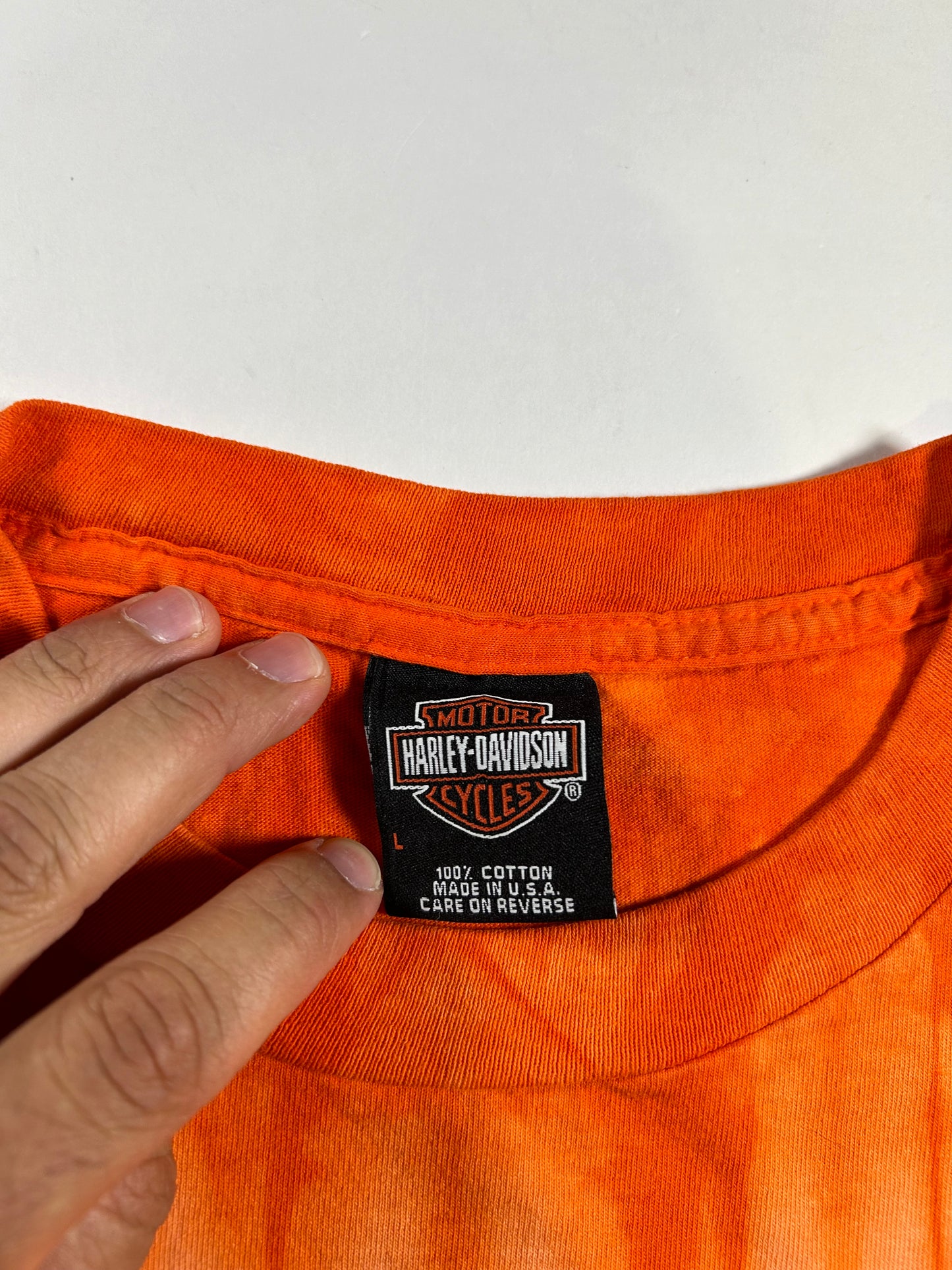 Vintage Harley Davidson Motorcycles Woodstock Tie Dye Orange Flames Tee L/XL Fit 24.25x31 Inches