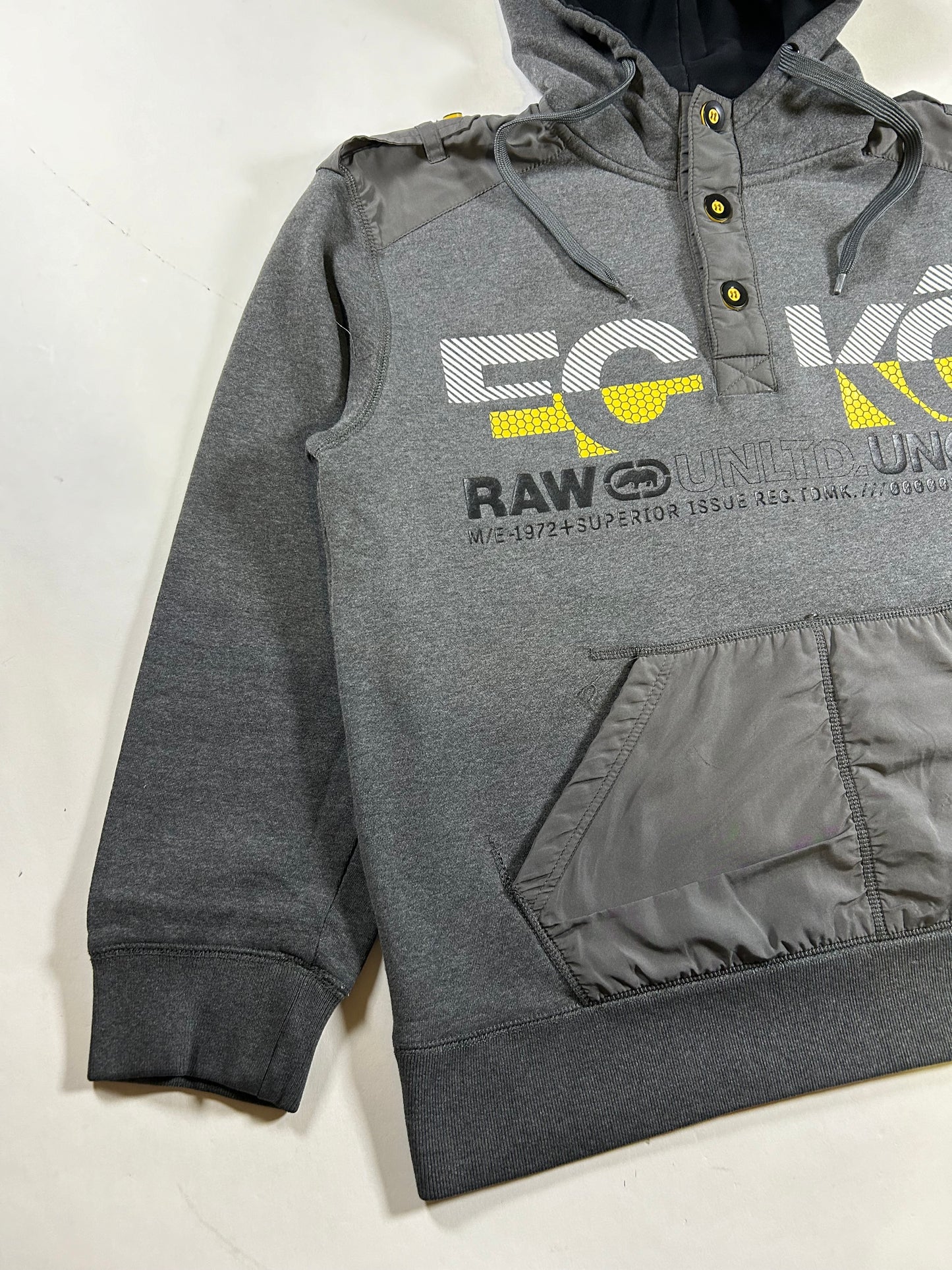 Vintage Eckō Unltd. Raw & Uncut Hooded Sweatshirt Gray Y2K Size Large 24.25x27