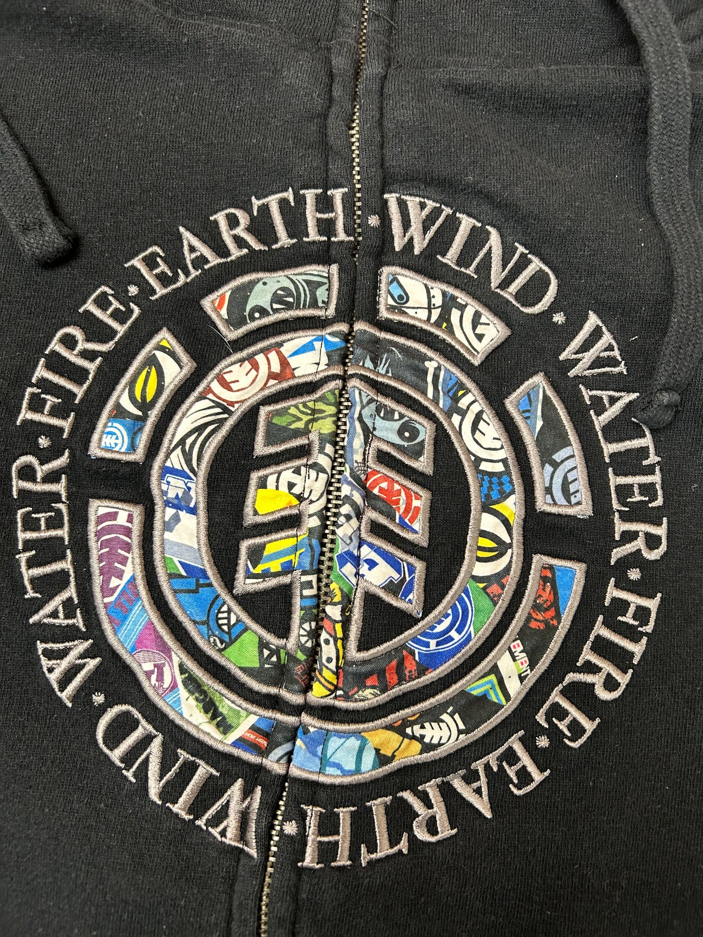Vintage 00s Element Skatboards Earth•Wind•Water•Fire Collage Print Zip Up Hooded Sweatshirt XL/L Fit 24.25x30.25 Inches