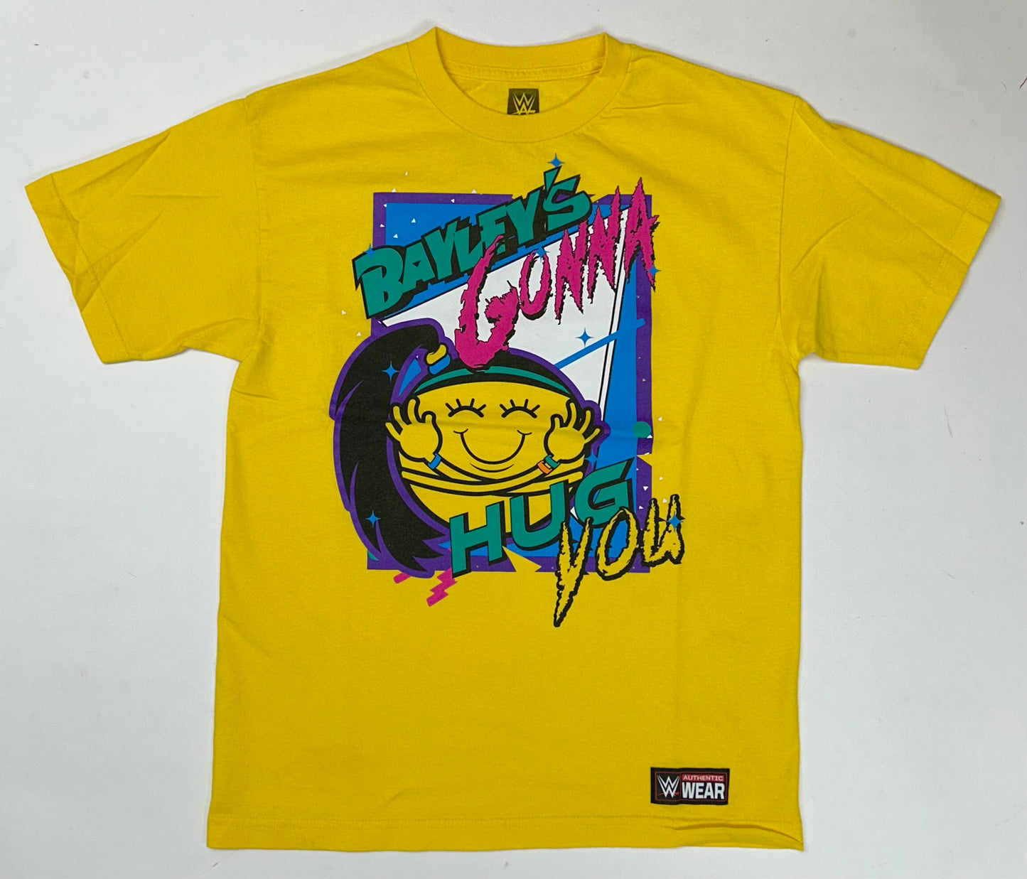 2017 WWE Bayley's Gonna Hug You NXT Boss Hug AEW Wrestling Tee Medium 19.75x27.5 Inches Yellow