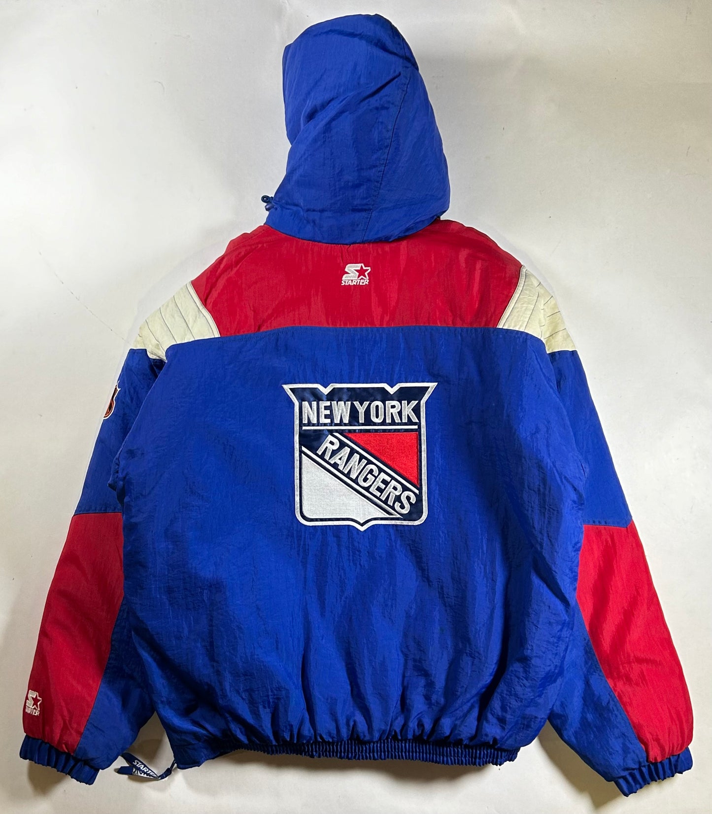 Vintage 90s Starter New York Rangers NHL Pullover Puffer Jacket Half Zip Hooded Jacket XL 29x30.25 Inches