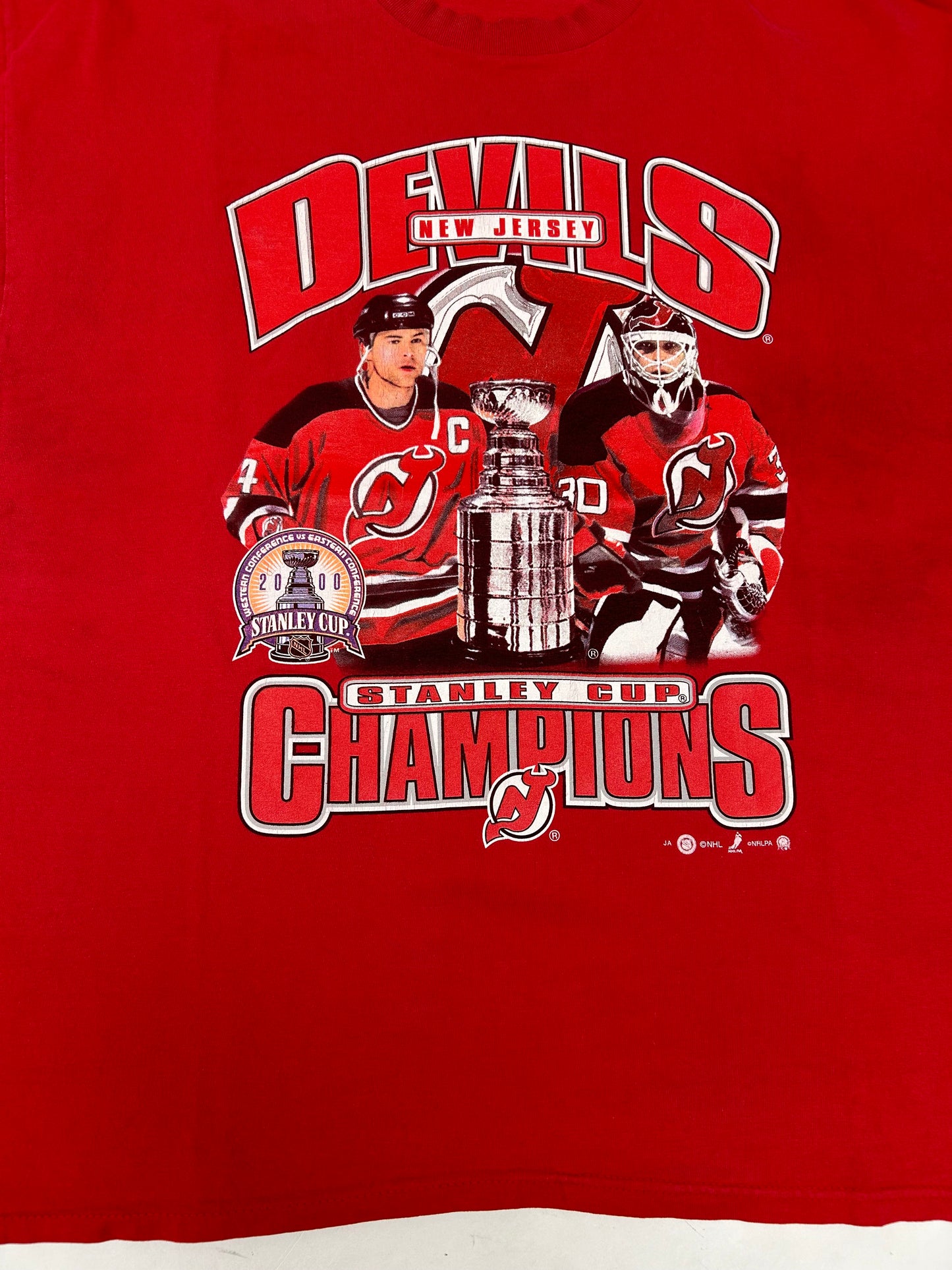 Vintage New Jersey Devils 2000 Stanley Cup Champions Tee Stevens & Brodeur 2XL 25.5x29.5 Inches