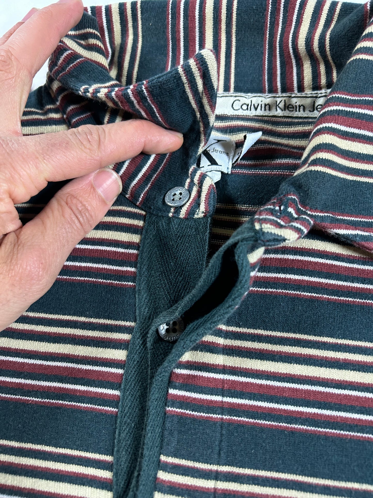 Vintage Calvin Klein Long Sleeve Striped Polo Shirt Rugby Style 22x30.25/31.5 Inches Mediumush Fit Tagged Small Fits Big