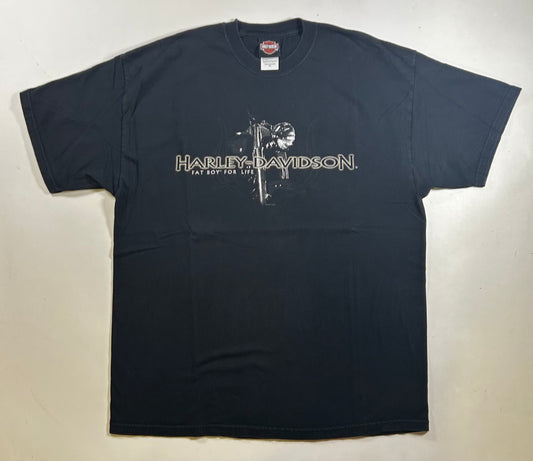 Vintage 2000s Harley Davidson Fat Boy For Life Trenton World-Class Hamilton, NJ Motorcycle Tee XL 23.5x31 Inches