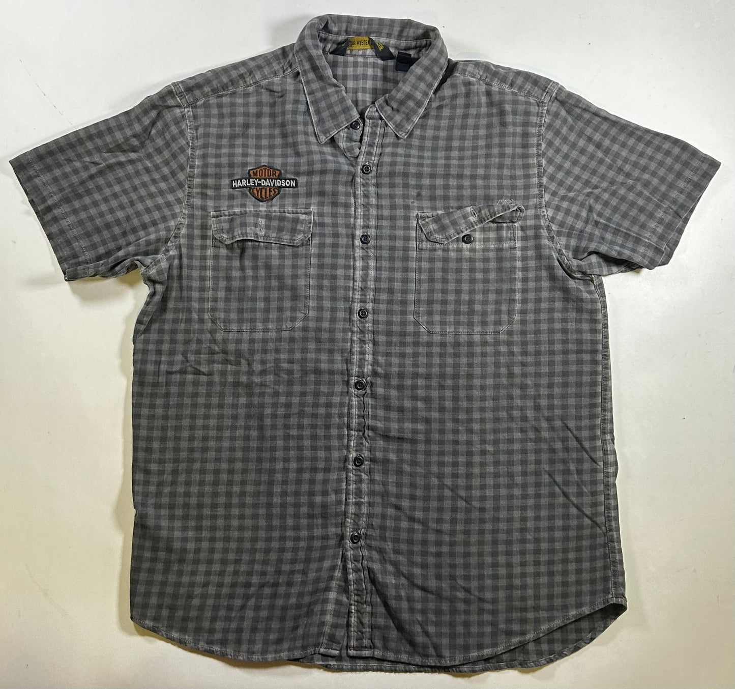 Harley-Davidson Motorcycles Mens Gray Plaid Button-Up Short Sleeve Shirt Size XL 24.5x32 Inches