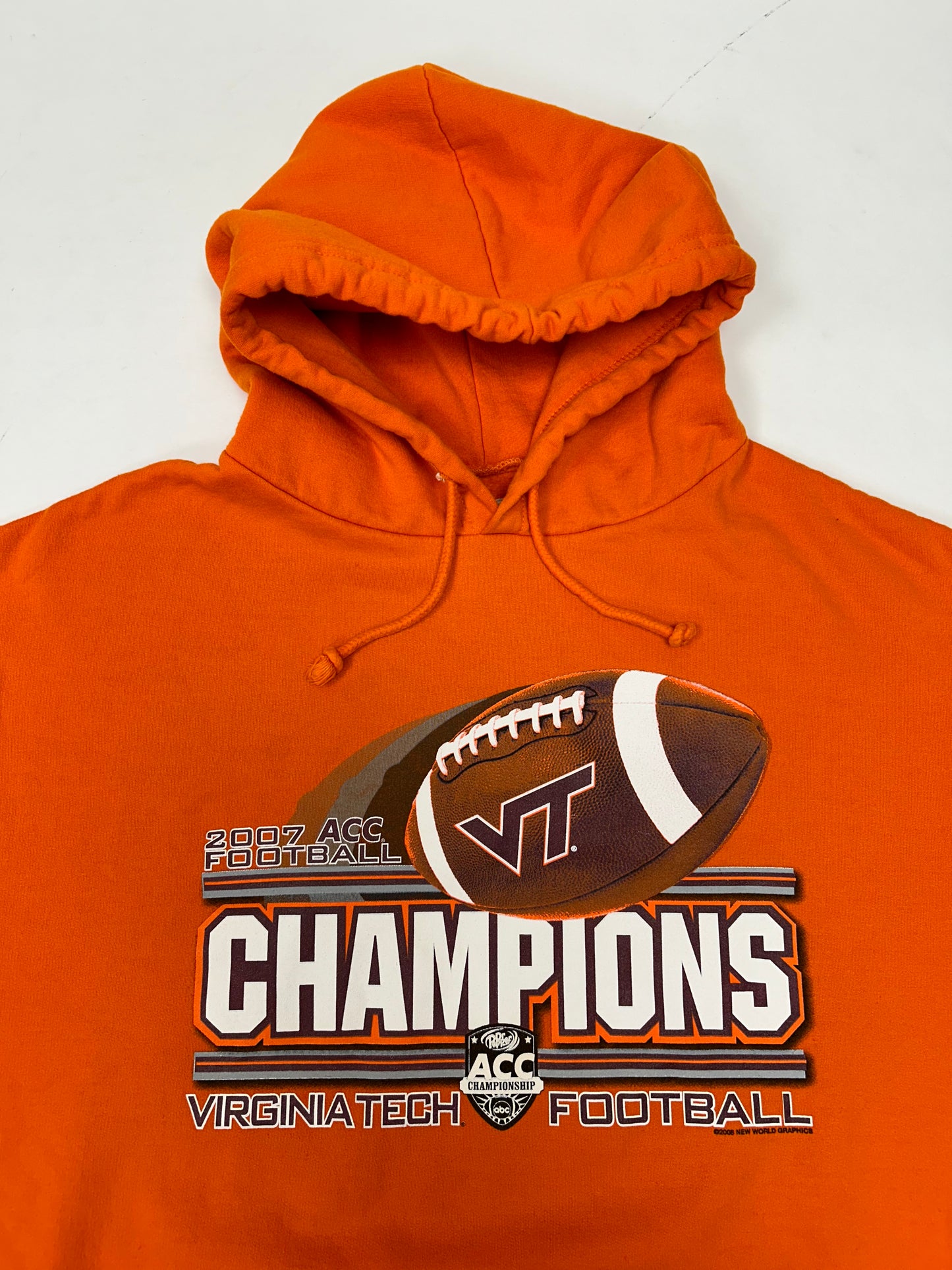 2007 Virginia Tech ACC Football Champions Hooded Sweatshirt Orange Medium 23.75x27 Inches