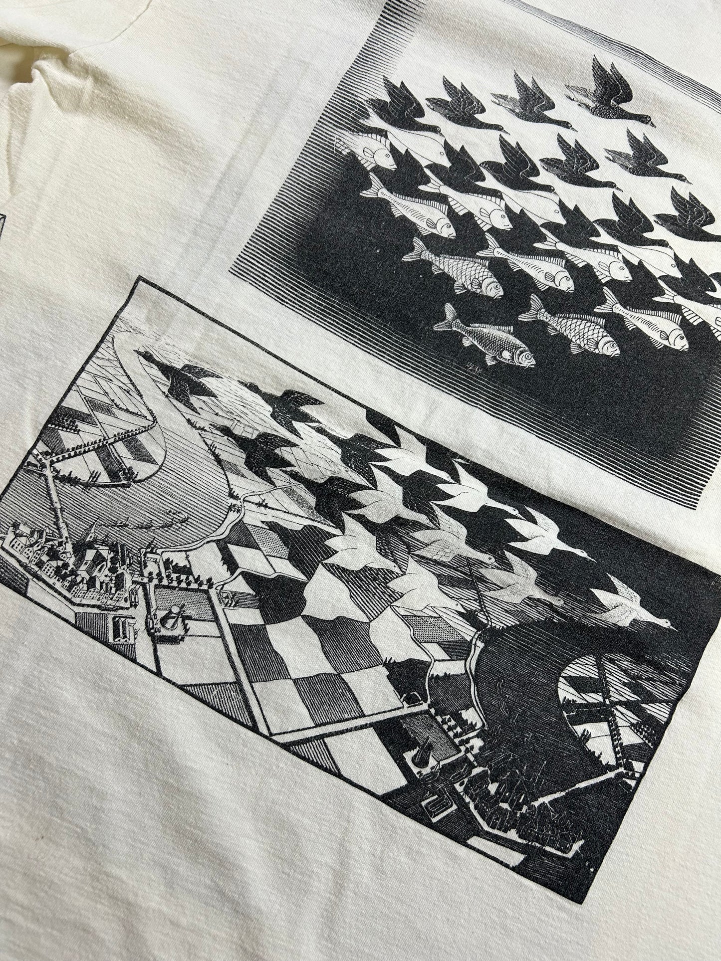 Vintage 1990 M.C. Escher Shirt White All Over Rare Print Art Single Stitch 23x27.75 Inches As Is
