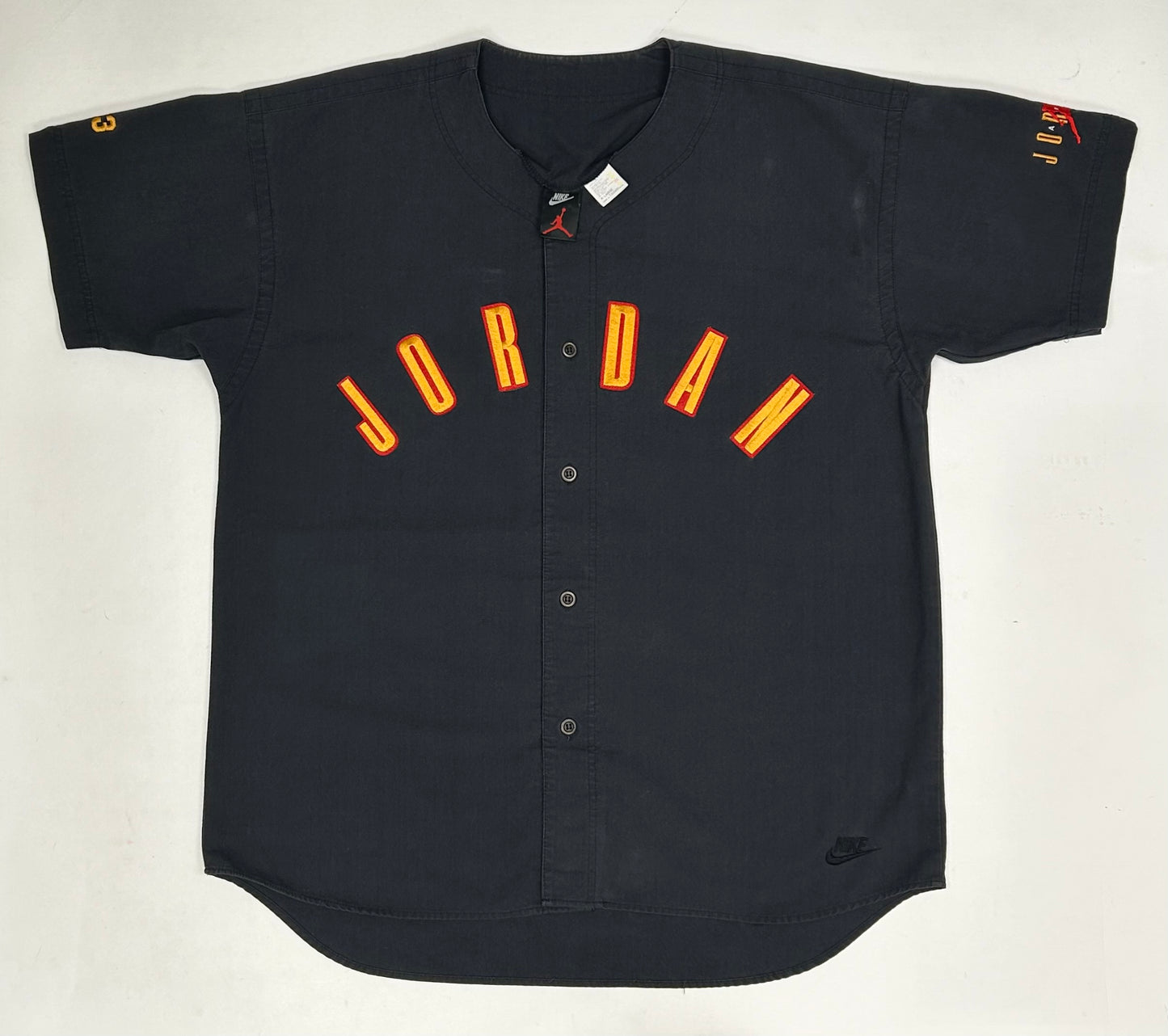 Vintage Nike Air Jordan 'Spellout Logo' Baseball Jersey Black 1991 Rare XL 26.75x32.75/35.25 Inches.