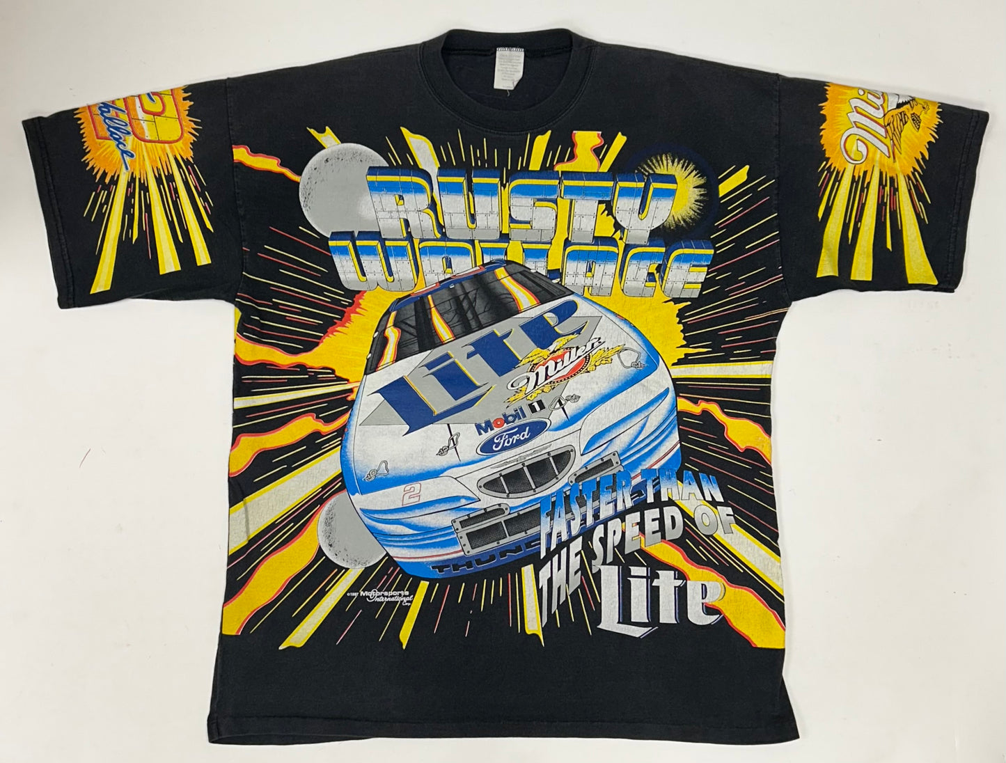 Vintage 90s Rusty Wallace Nascar Racing Faster Than The Speed Of Lite AOP Tee XL 24.5x30 Inches