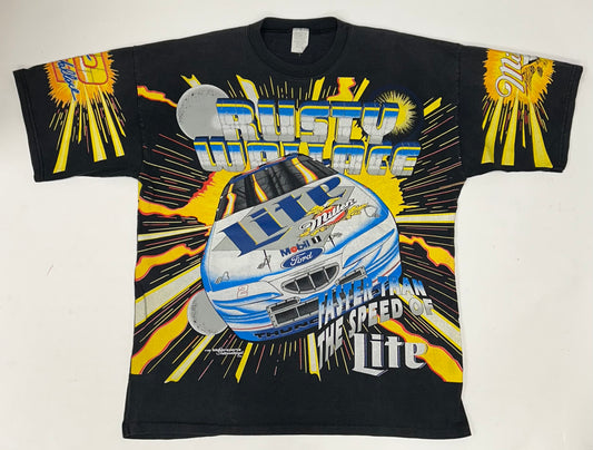 Vintage 90s Rusty Wallace Nascar Racing Faster Than The Speed Of Lite AOP Tee XL 24.5x30 Inches