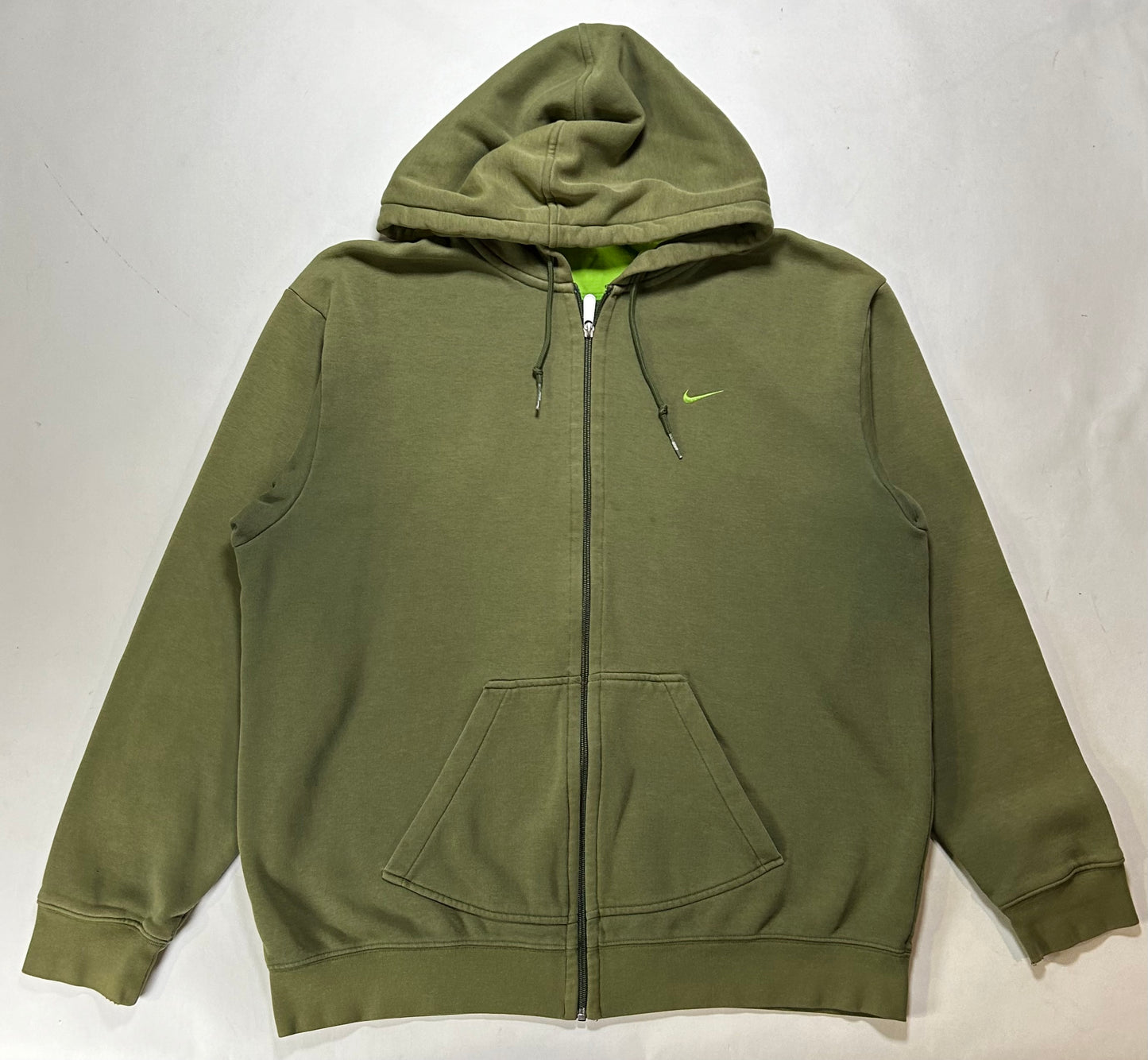 Vintage 00s Nike Chest Swoosh Essential Zip Hooded Sweatshirt Green Faded Worn In As Is XL 26.25x30.25 Inches