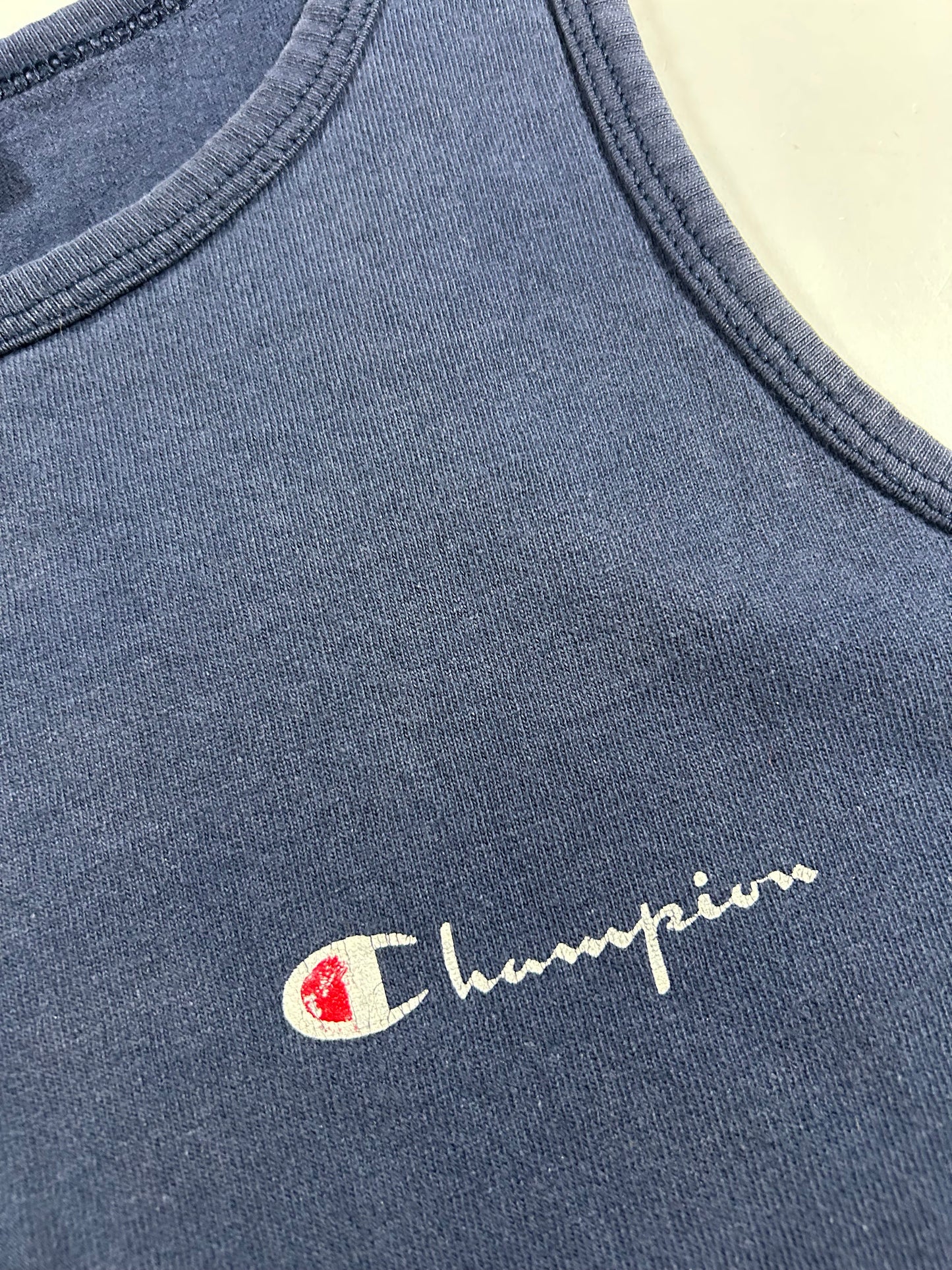 Vintage Champion Chest Script Spell Out Logo Tank Top Sleeveless Shirt As Is Bleach Spots & Fading M/S Fit 18.5x27.25 Inches USA 100% Cotton