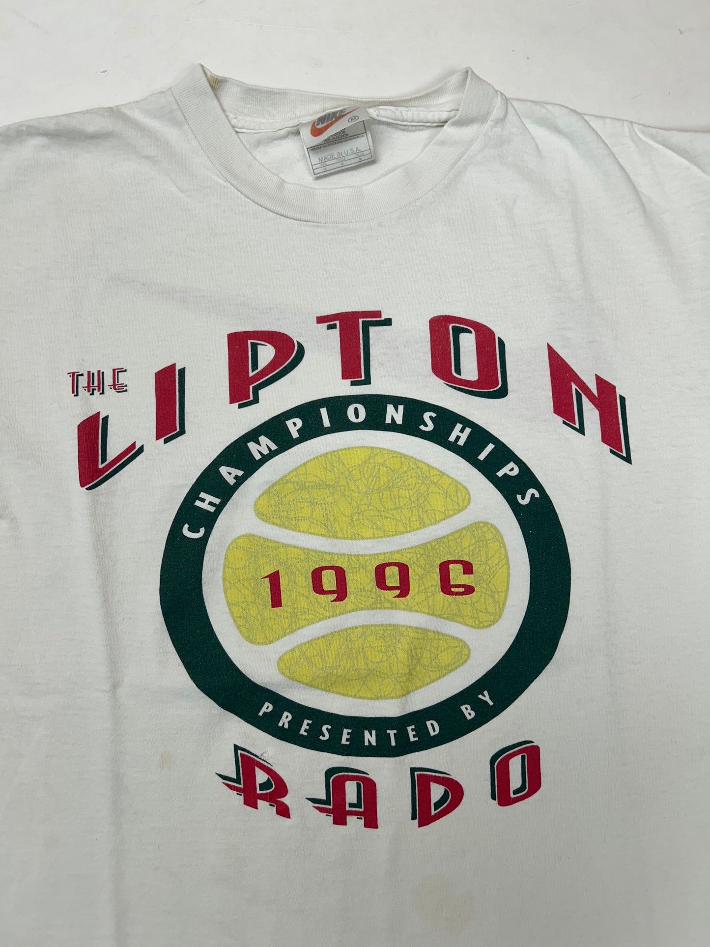 Vintage Nike 1996 The Lipton Rado Championships Tennis Tee Worn As Is White Tag Boxy M/L Fit 21.25x25.25 Inches